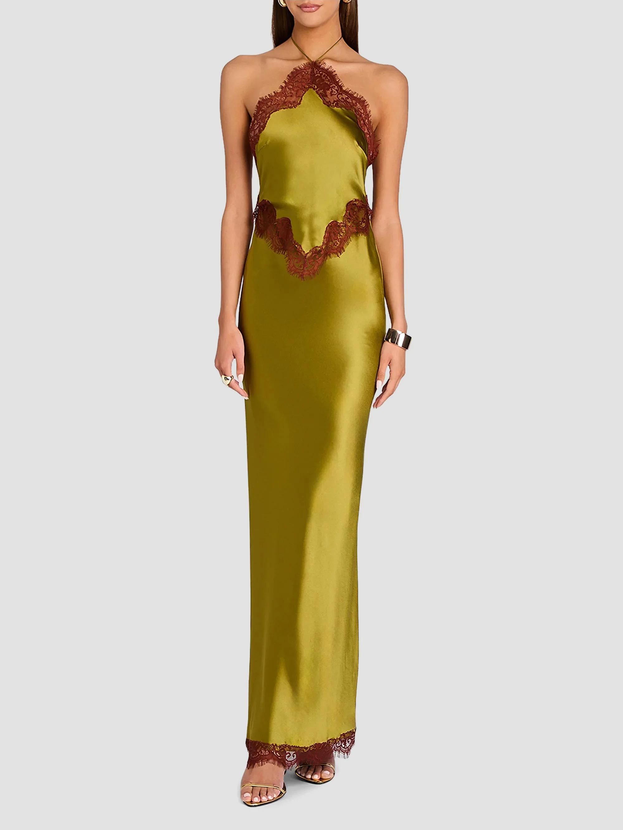 retrofete everly halter lace trim satin maxi dress Retrofête Lace-Trim Gown Silk