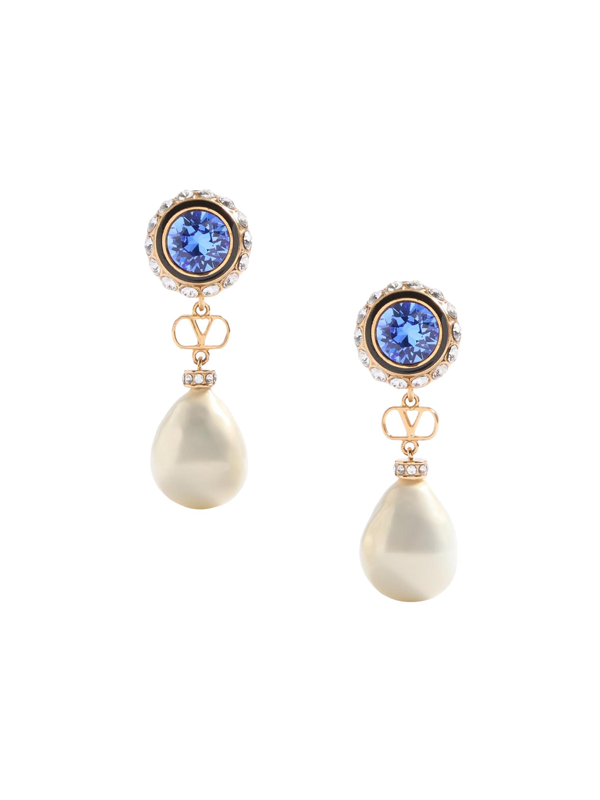 Valentino Garavani Women's VLogo Signature Earrings in Metal, Enamel, Pearls and Crystals - Gold Cream
