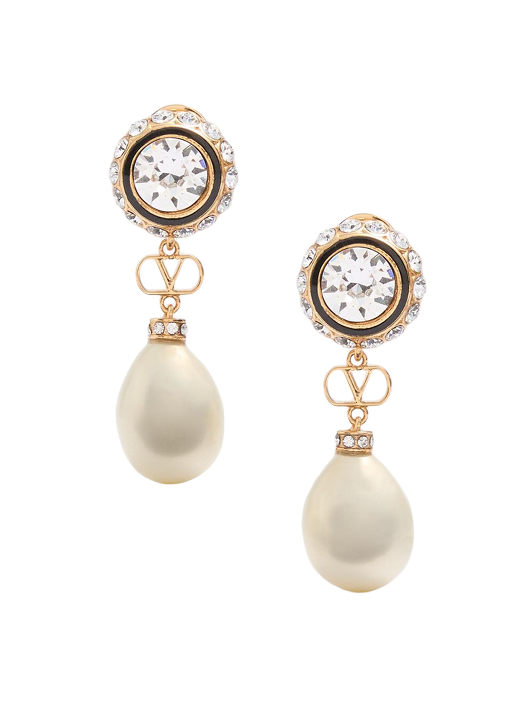 Valentino Garavani Women's VLogo Signature Earrings in Metal, Enamel, Pearls and Crystals - Gold Crystal