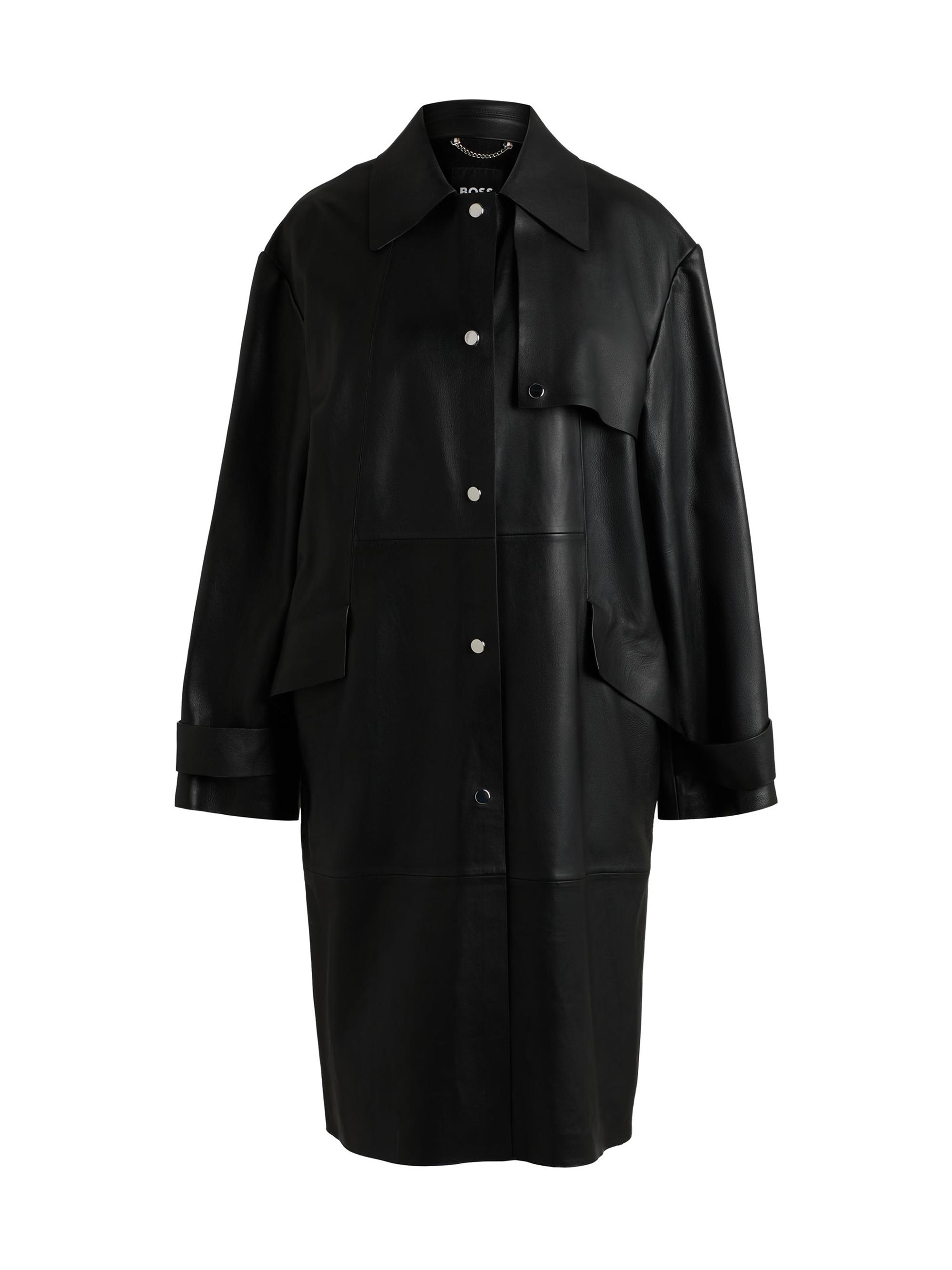 BOSS Women's Leather Trench Coat with Silver-Tone Trims - Black