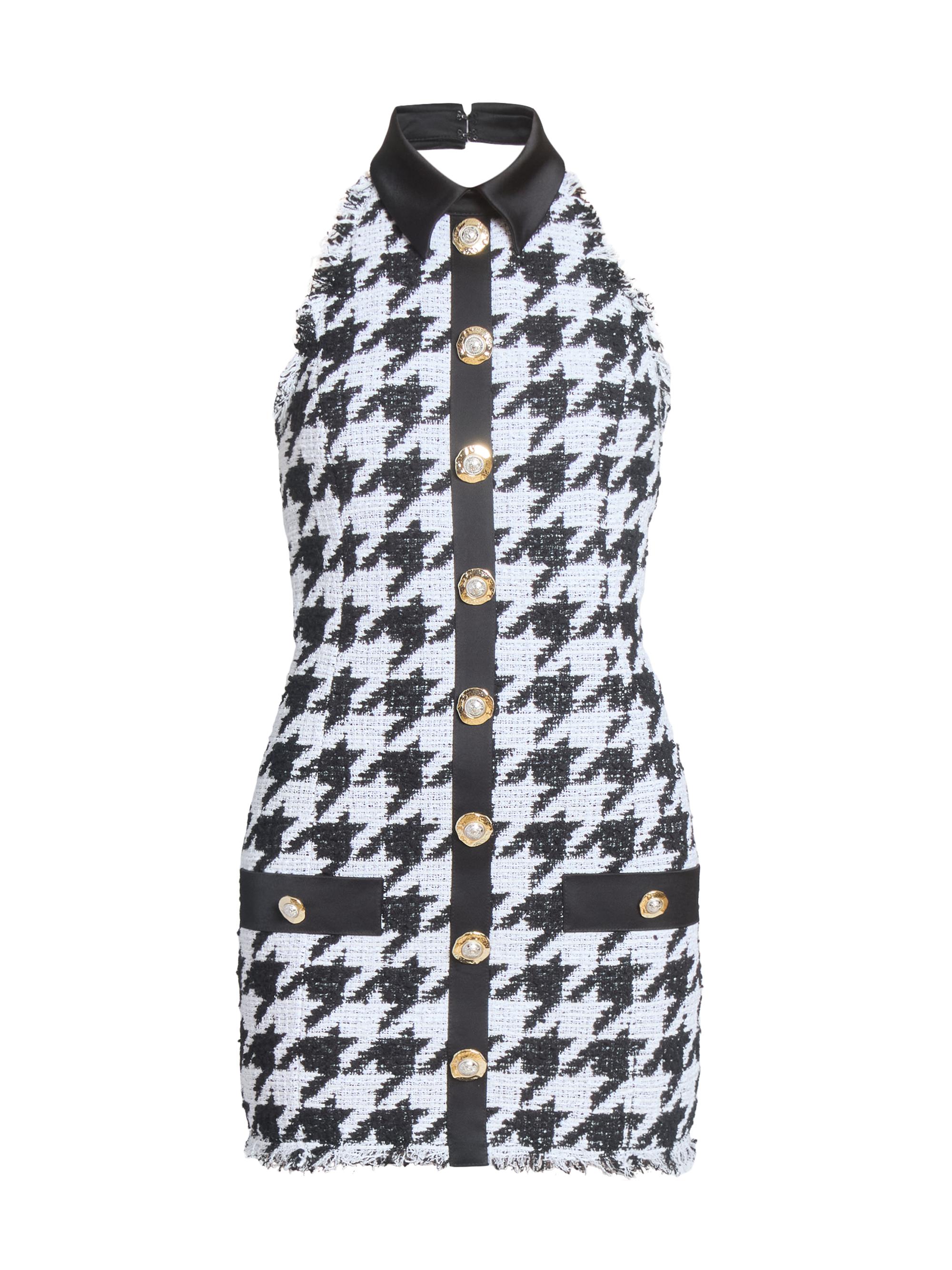 Balmain Women's Houndstooth Halterneck Tweed Minidress - Noir Blanc