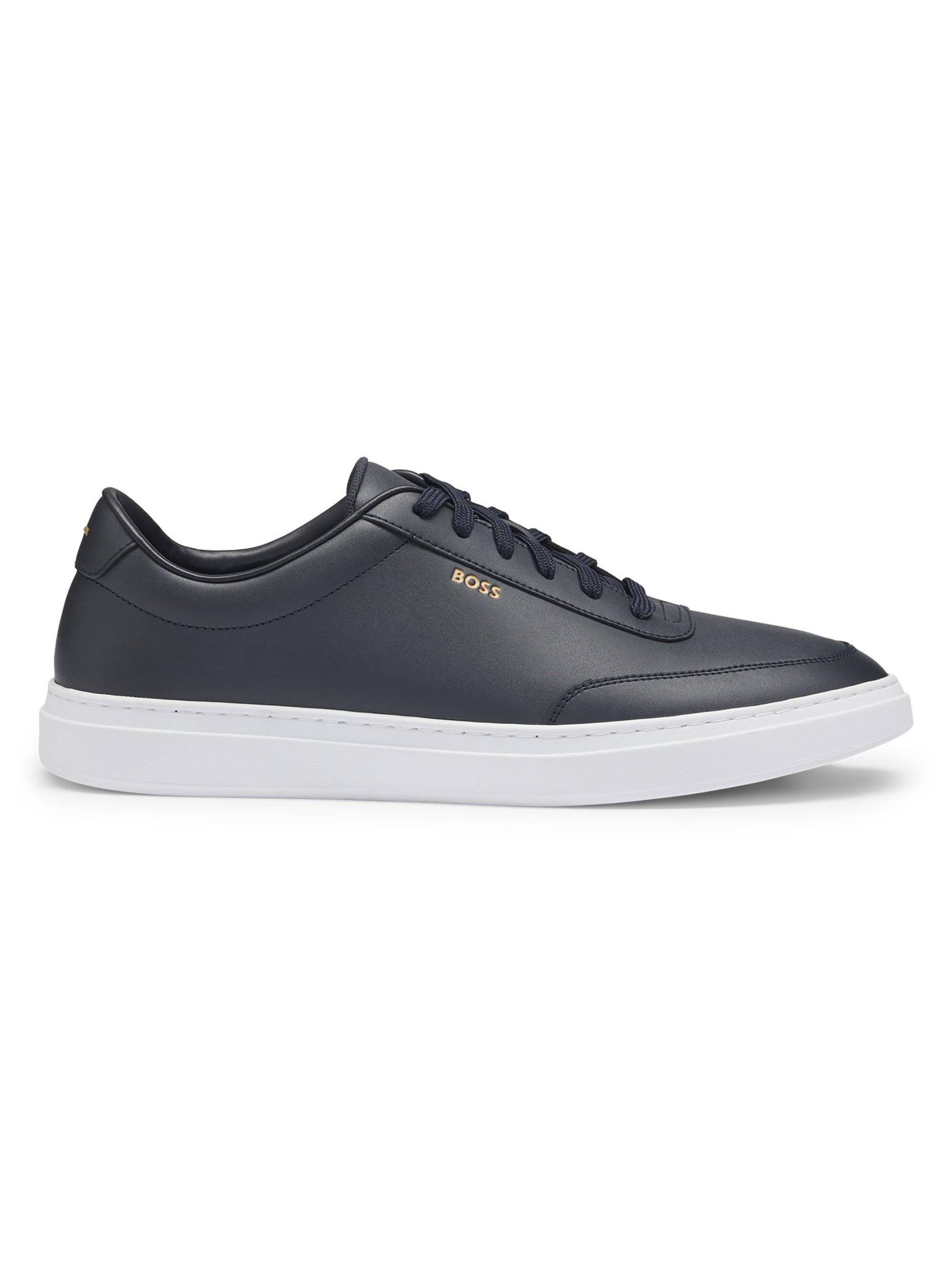 BOSS Men's Coated-Leather Trainer Sneakers with Logo - Blue