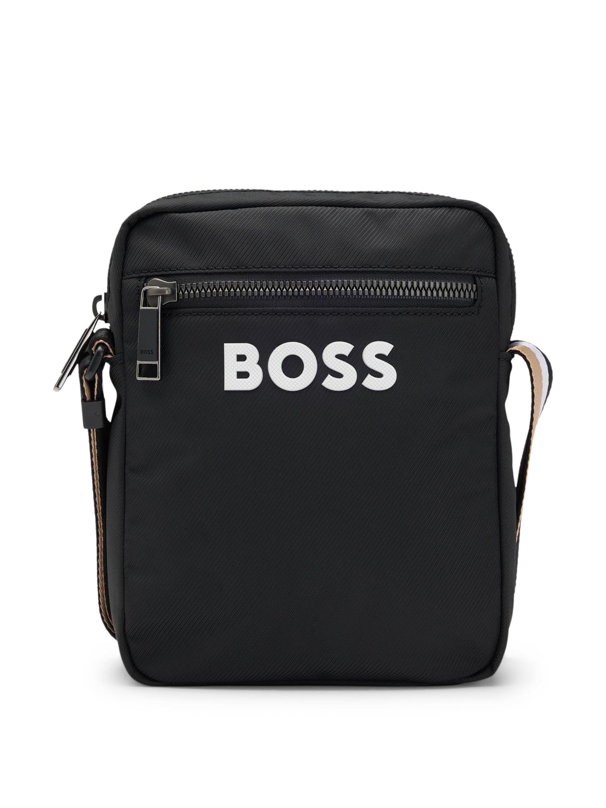 BOSS Men's Crossbody Bag with Contrast Logo and Signature-Stripe Strap - Black
