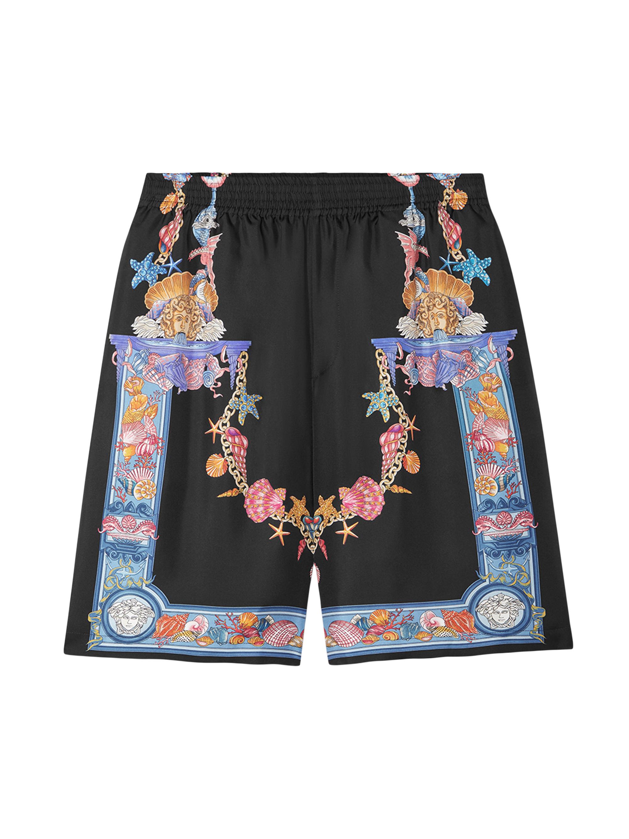 Versace Men's Coral Theatre Print Silk Shorts - Black Multicolor