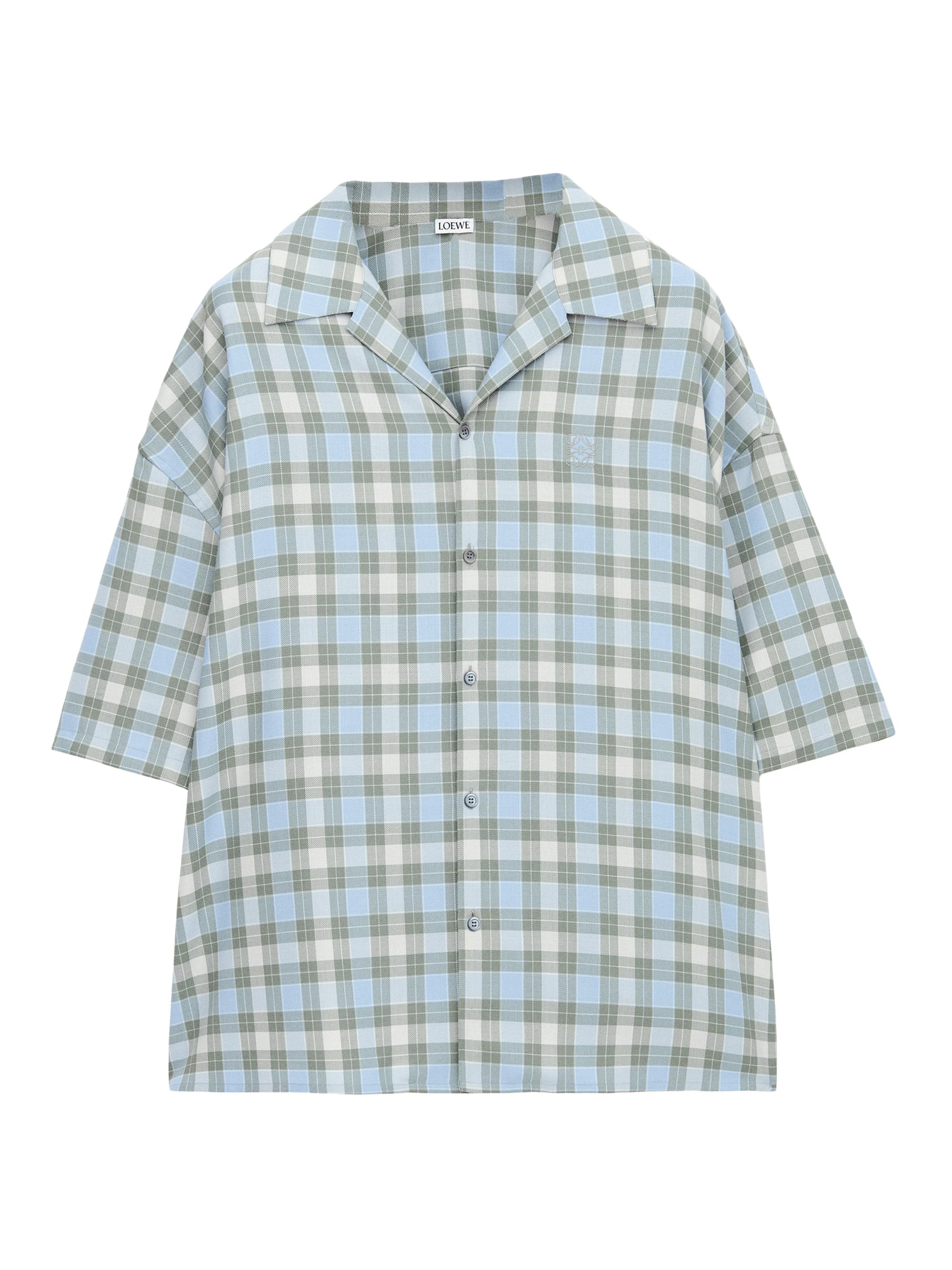 LOEWE Men's Checked Wool Button-Front Camp Shirt - Light Blue White