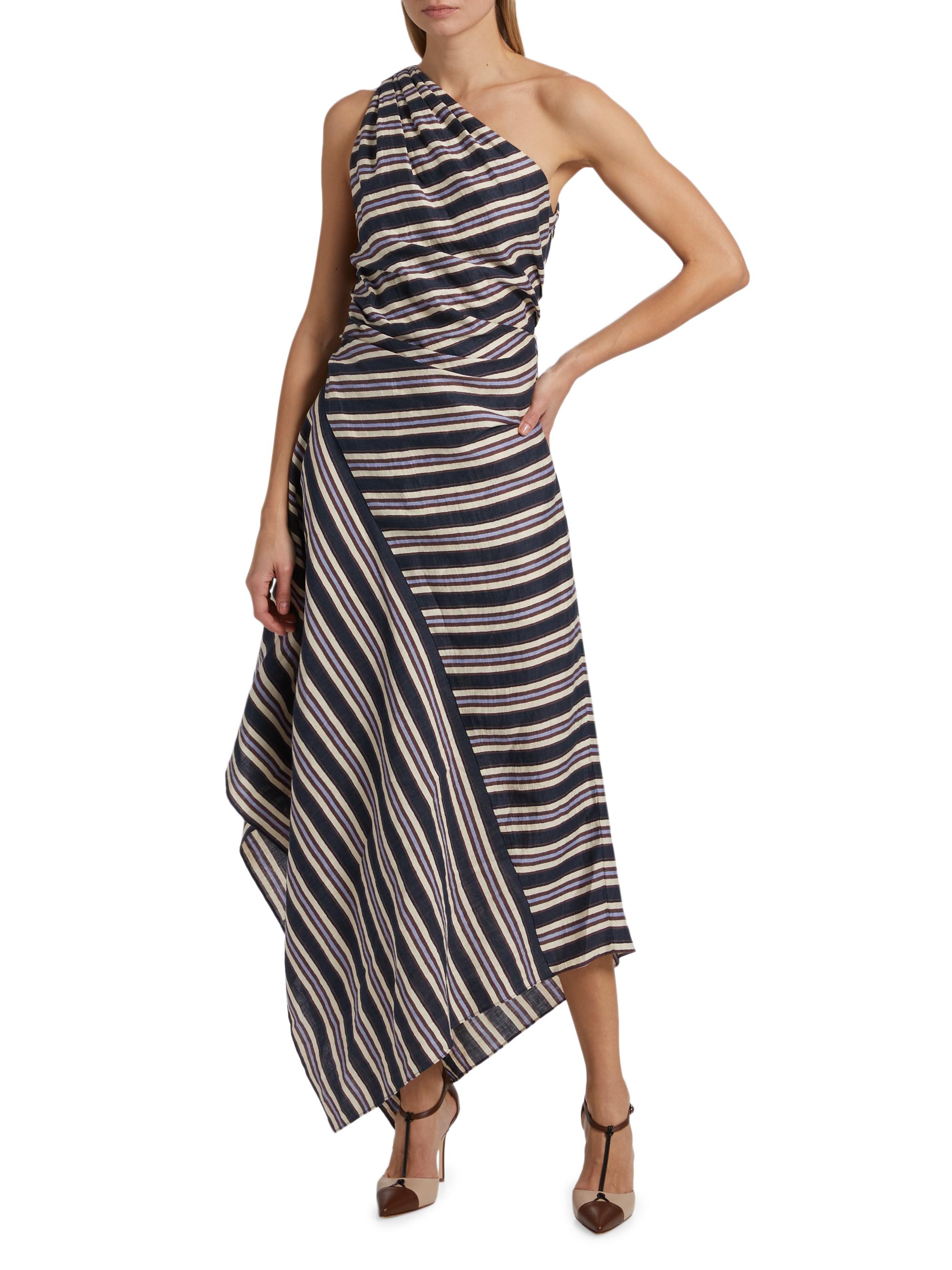 chinese dress ladies LINEN MIDI DRESS BLACK AND WHITE STRIPES main image 1