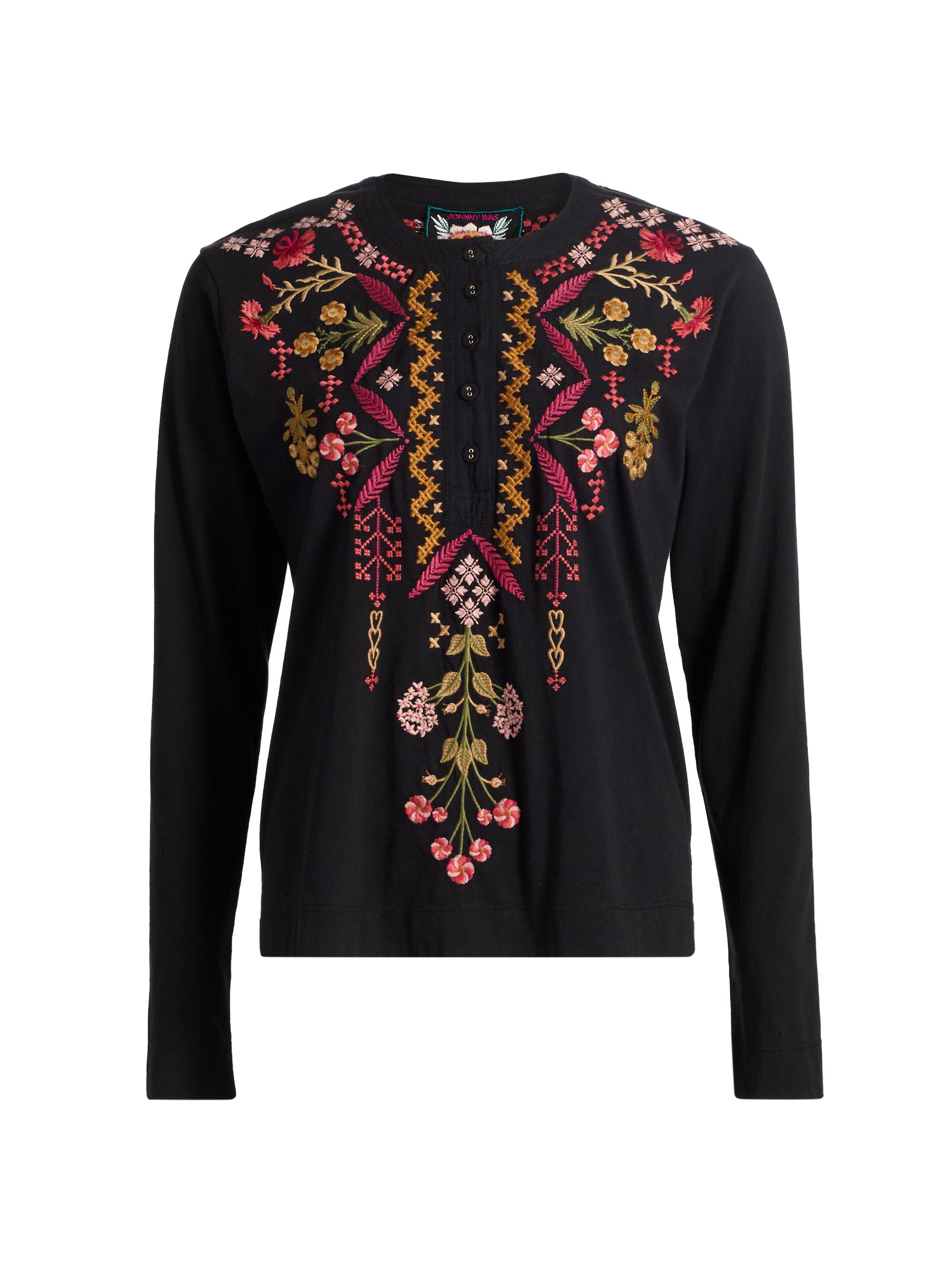 Johnny Was Women's Mixed Media Henley T-shirt - Black