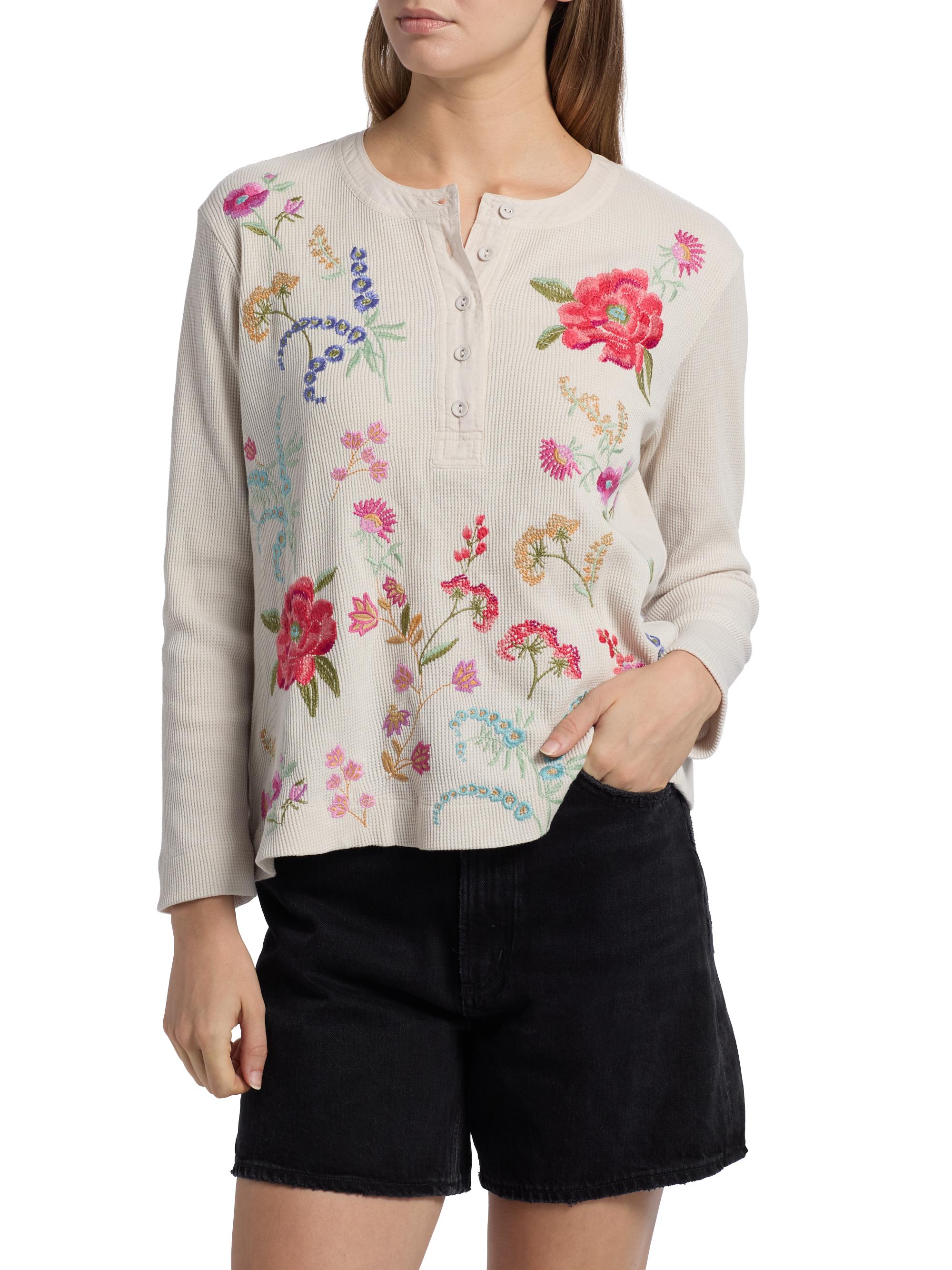 Johnny Was Mayra Mixed-Media Thermal Henley Top | Saks Fifth Avenue