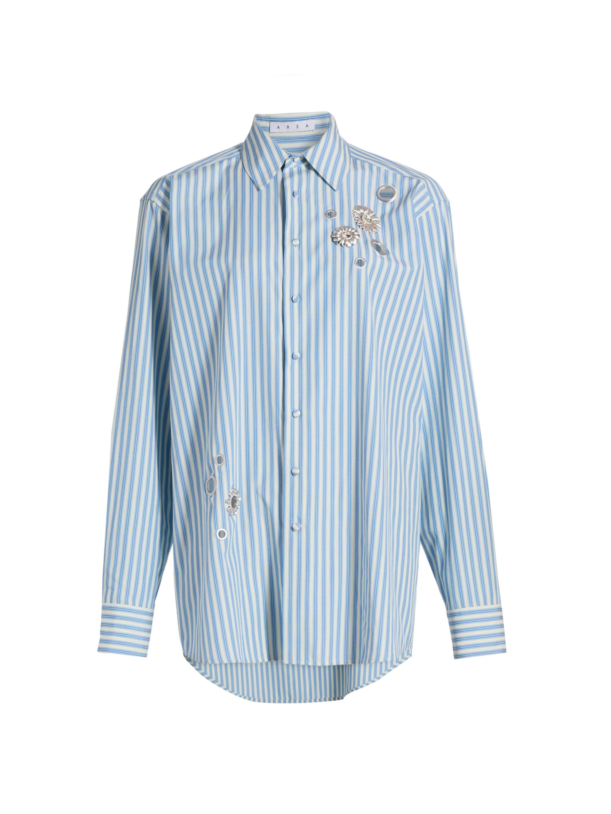 Area Women's Crystal Grommet Striped Poplin Shirt - White Blue