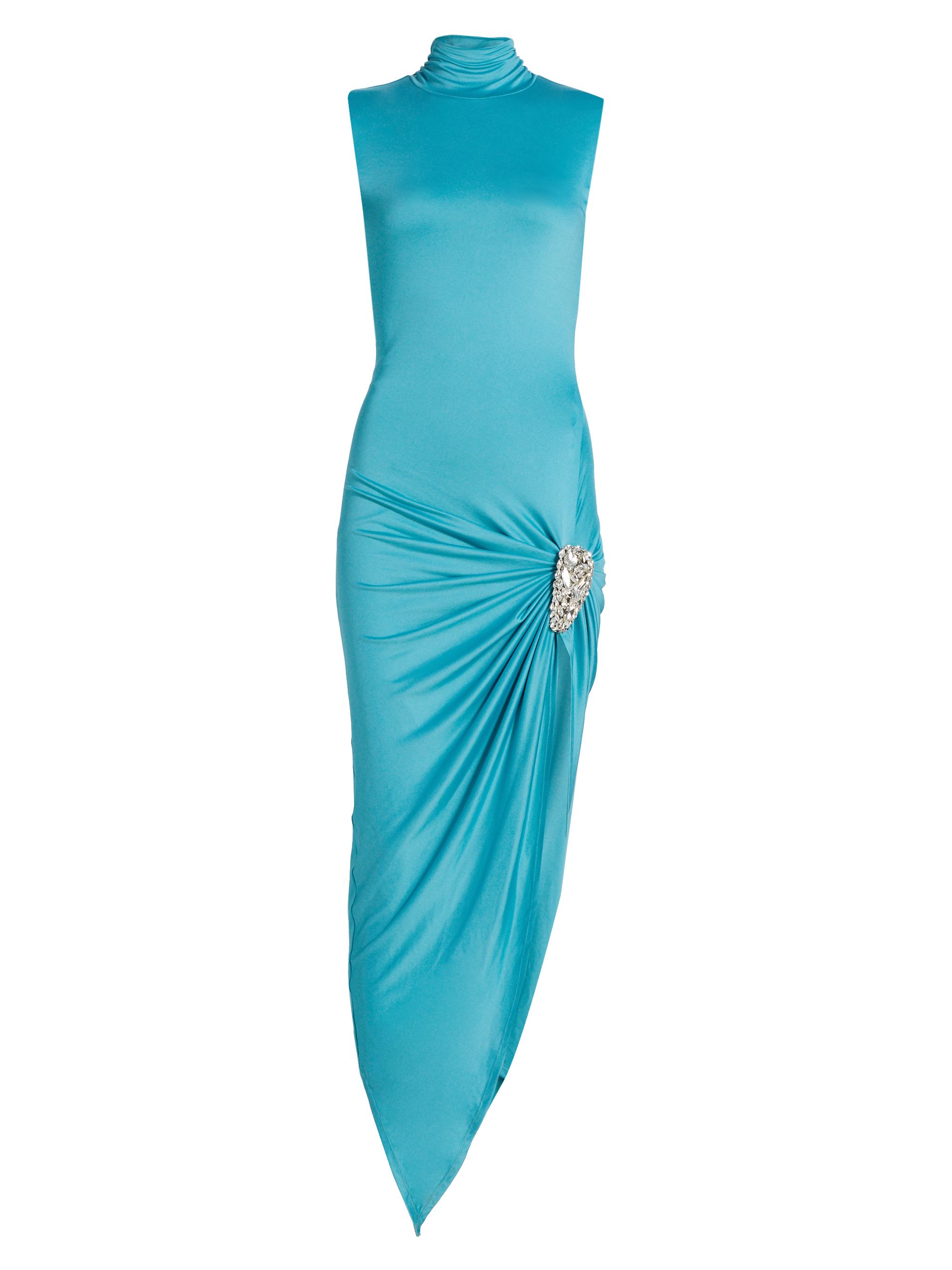 Area Women's Draped Crystal Cluster Midi-Dress - Teal