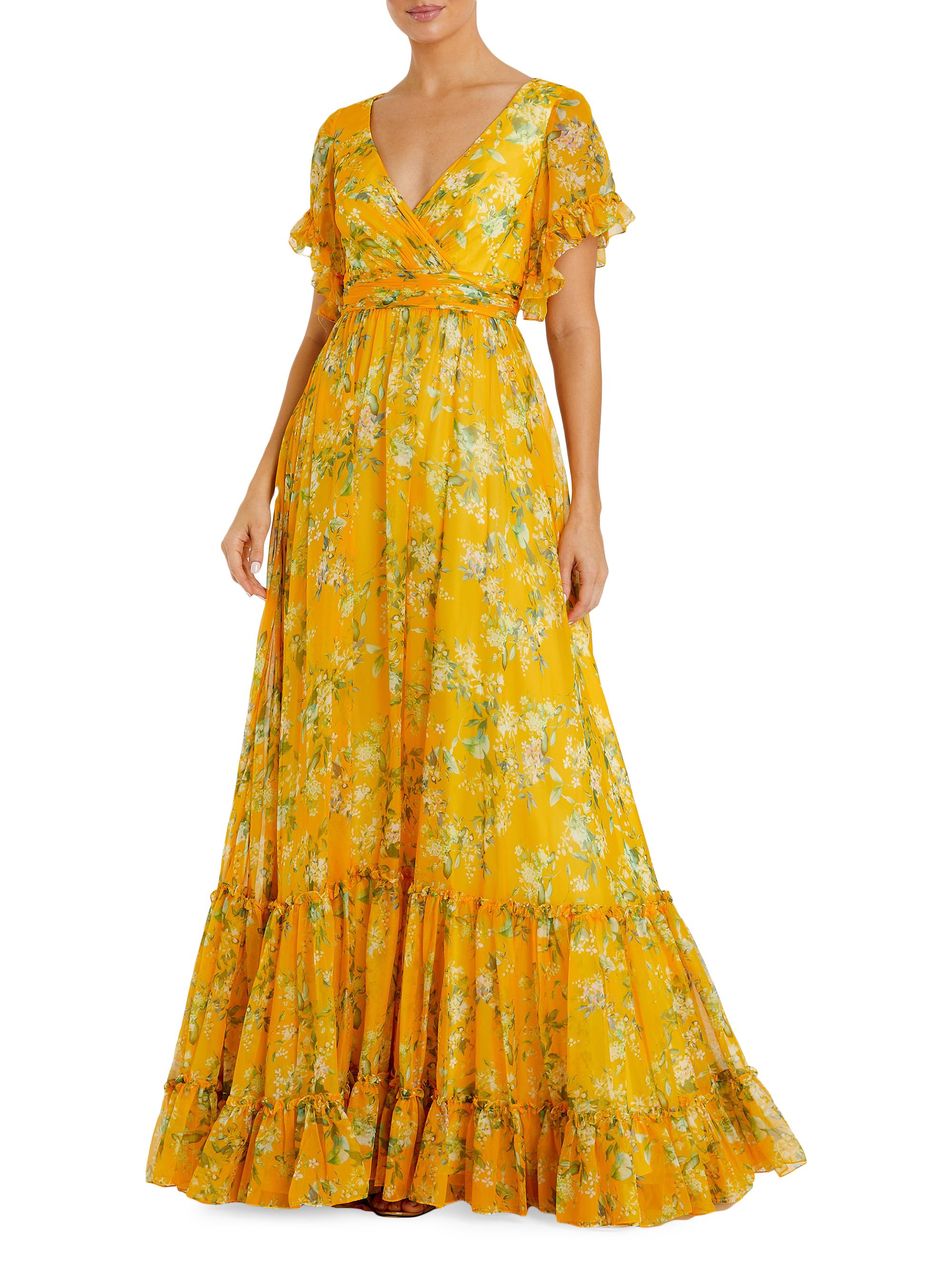 Mac Duggal Women's Floral Flounce Sleeve Maxi Dress - Yellow Multi