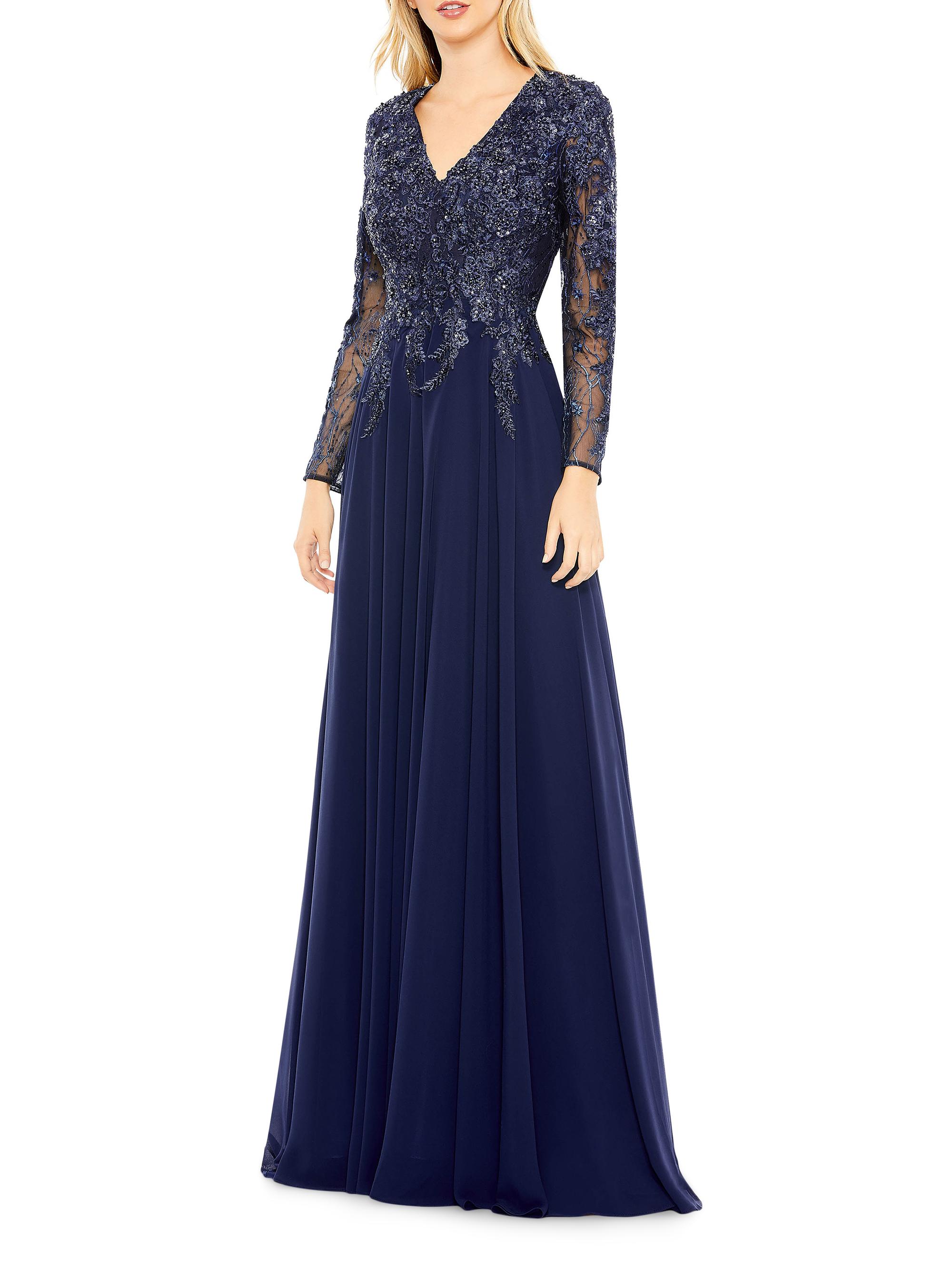 Mac Duggal Women's Embellished Illusion V-Neck Gown - Navy