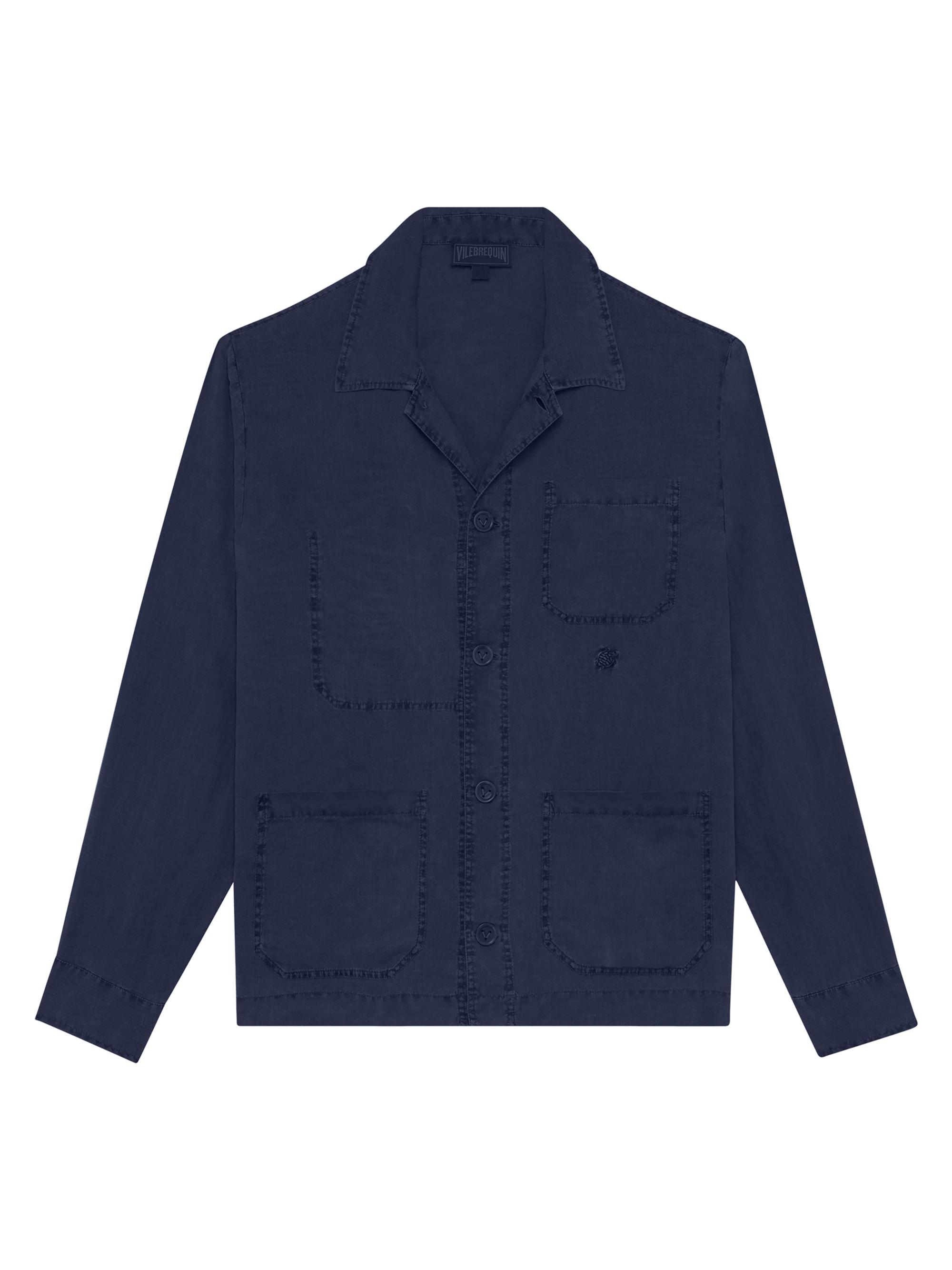 Vilebrequin Men's Linen Turtle Embroidery Shirt - Bleu Marine