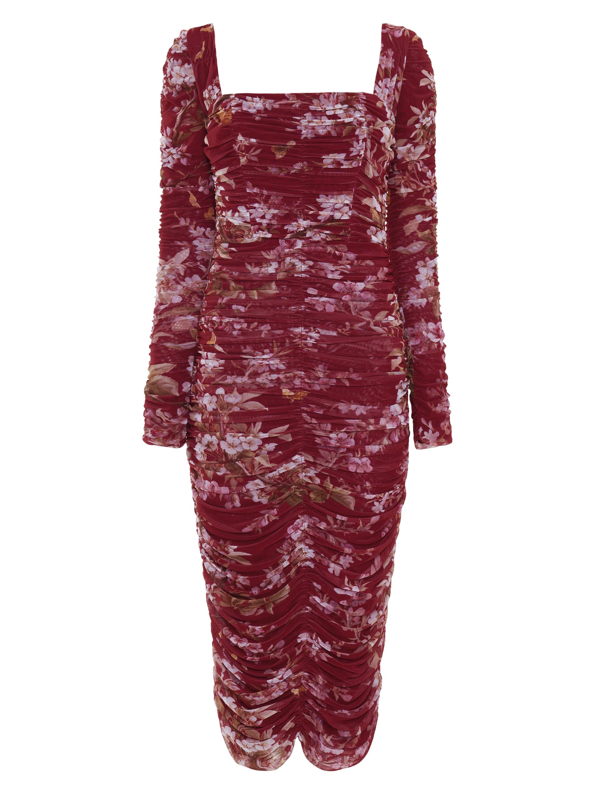 PatBO Women's Ruched Stretch Tulle Midi-Dress - Dark Red