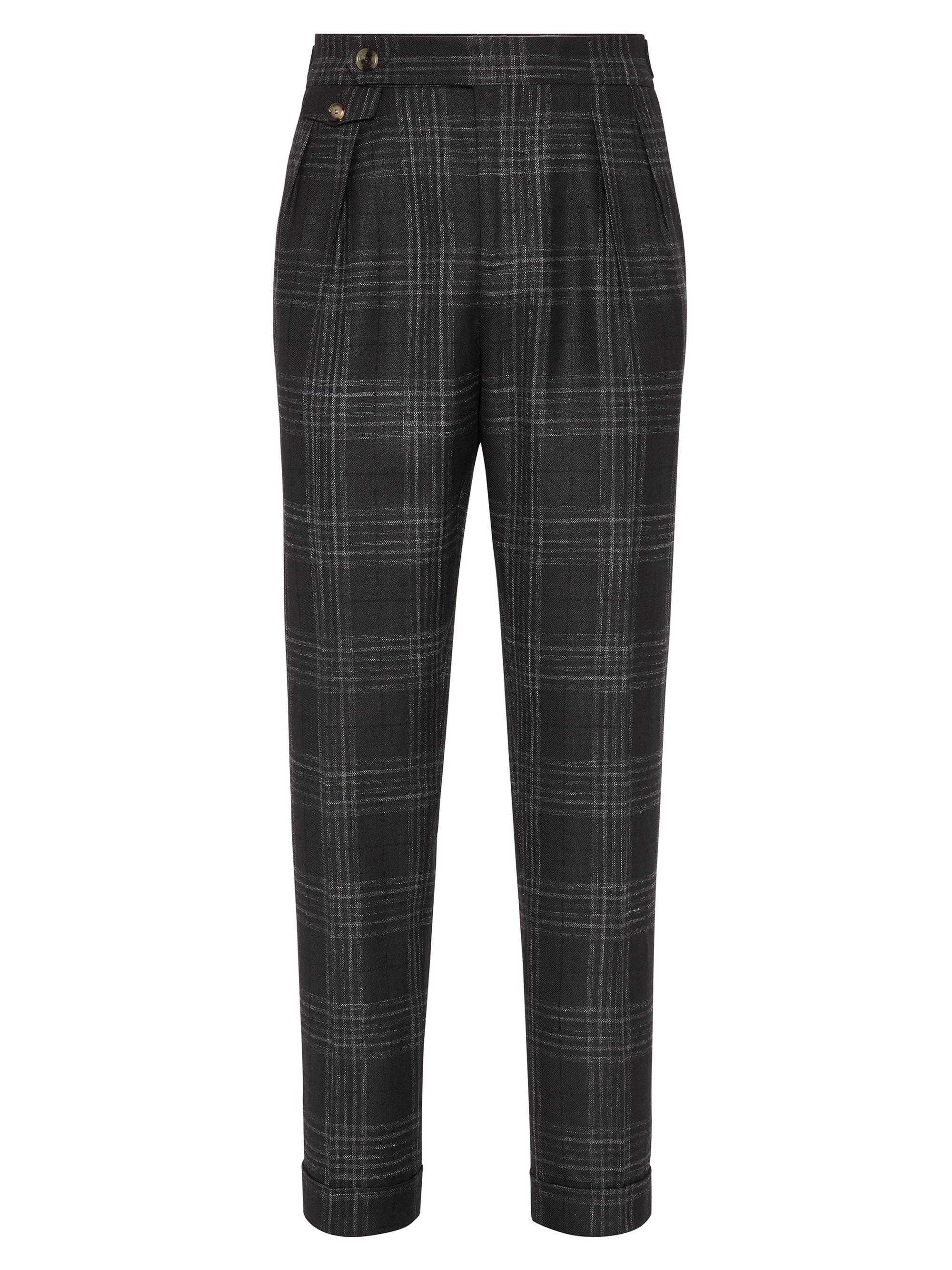 Brunello Cucinelli Men's Wool, Silk and Linen Tartan Leisure Fit Trousers - Anthracite