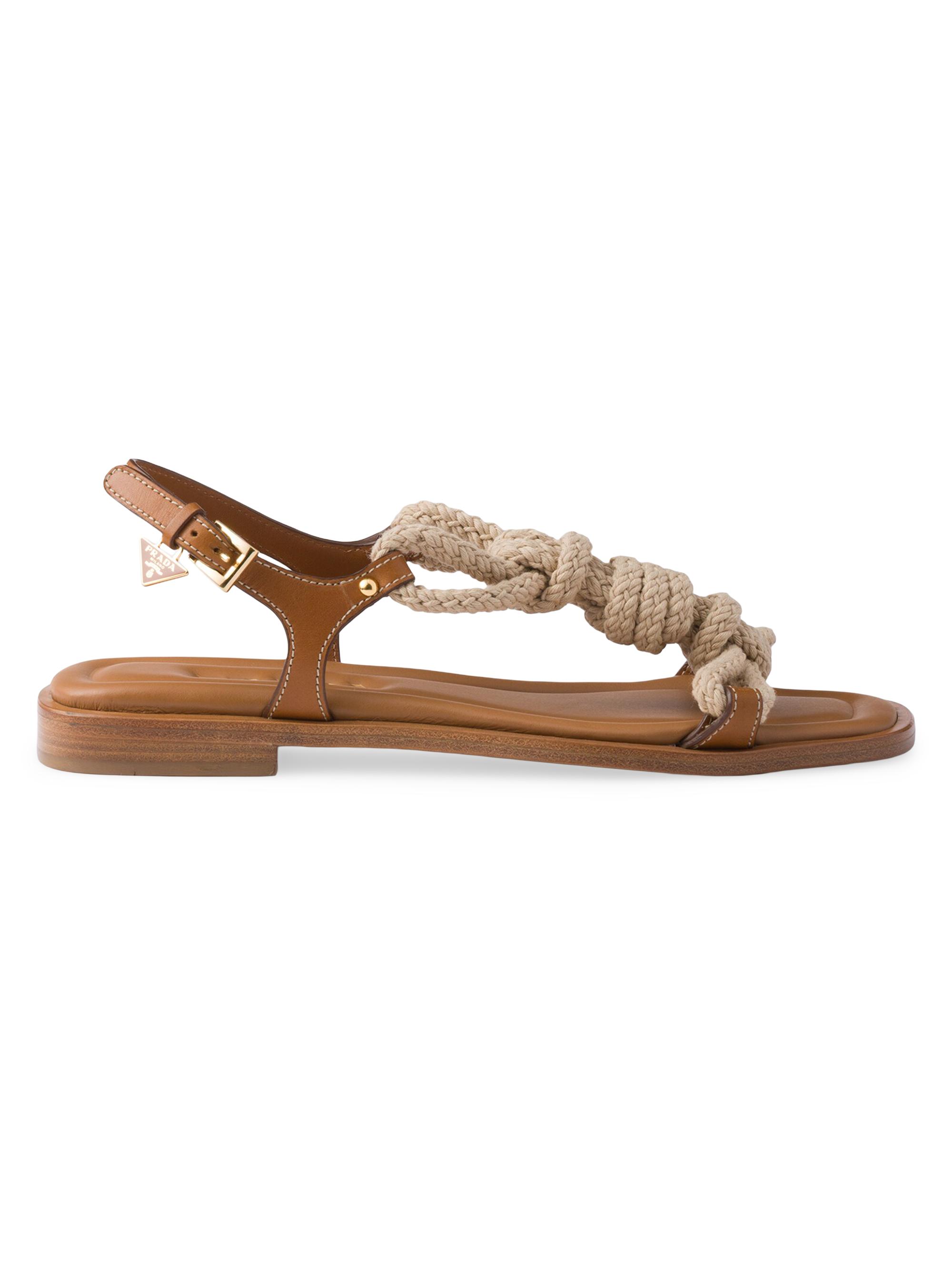 Prada Women's Flat Leather and Cord Sandals - Black