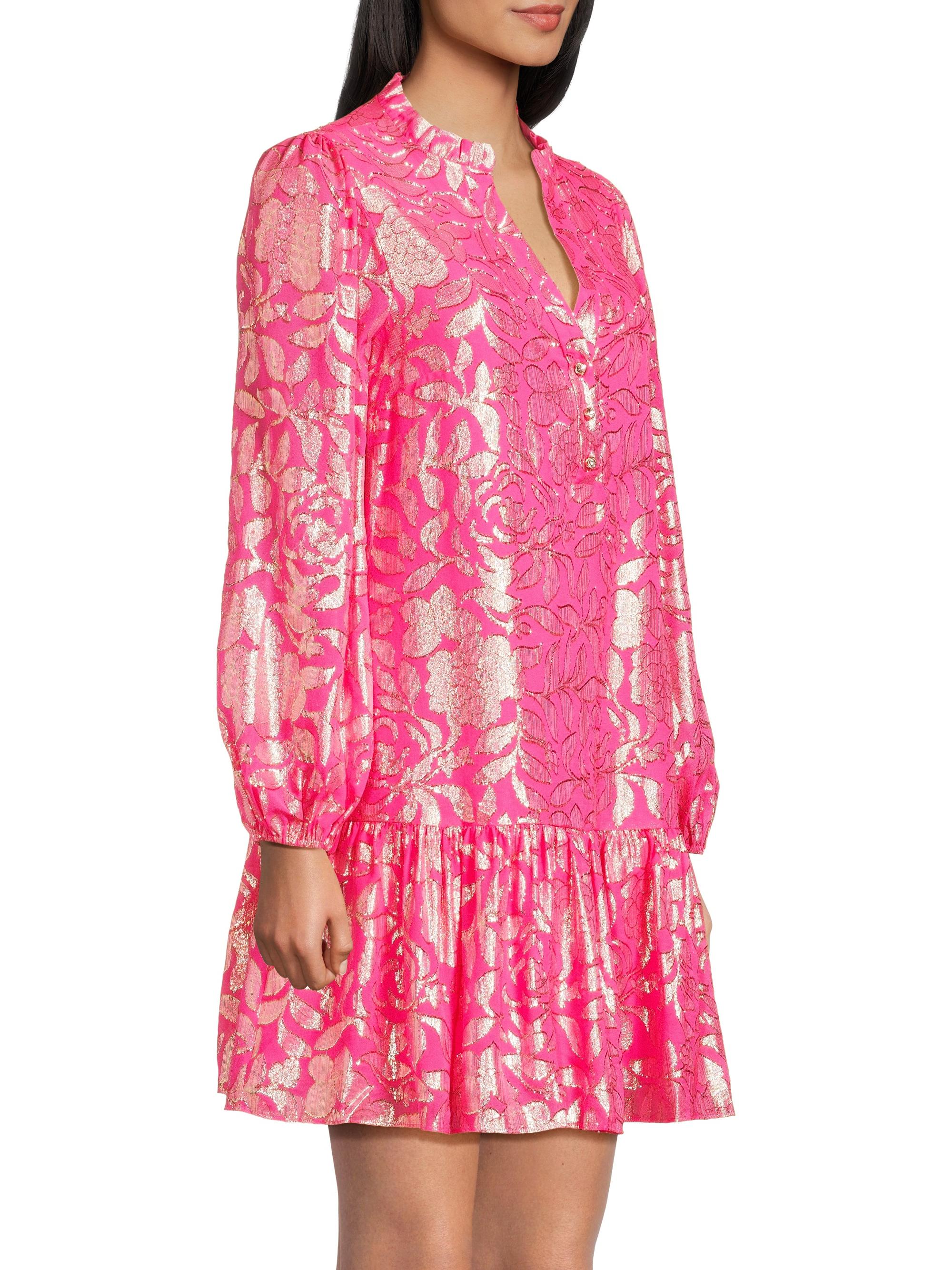 lilly pulitzer empire waist dress Lilly Pulitzer Tunic Dress Size 0 100% Silk Yellow Gold Navy Ruffle Empire  Waist