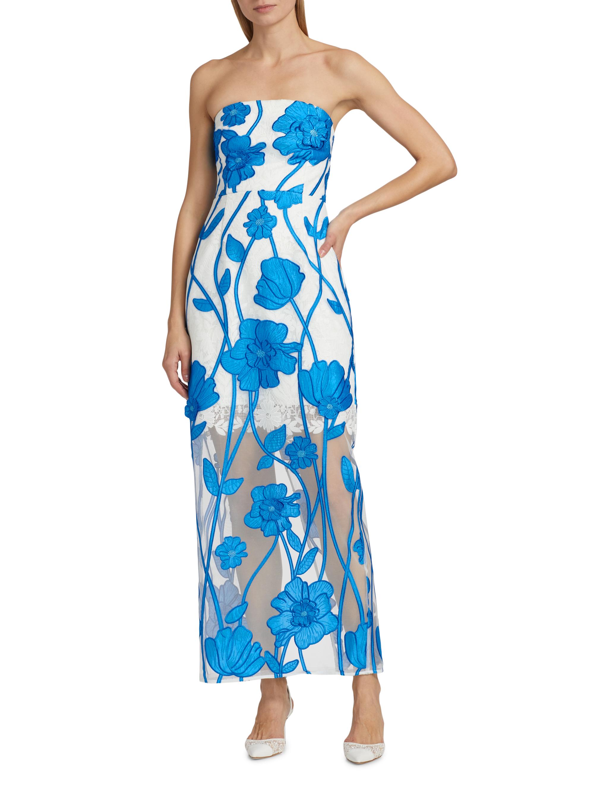 milly floral embroidered mesh strapless midi dress Hayden Floral Embroidered Midi Dress in Blue/White main image 1