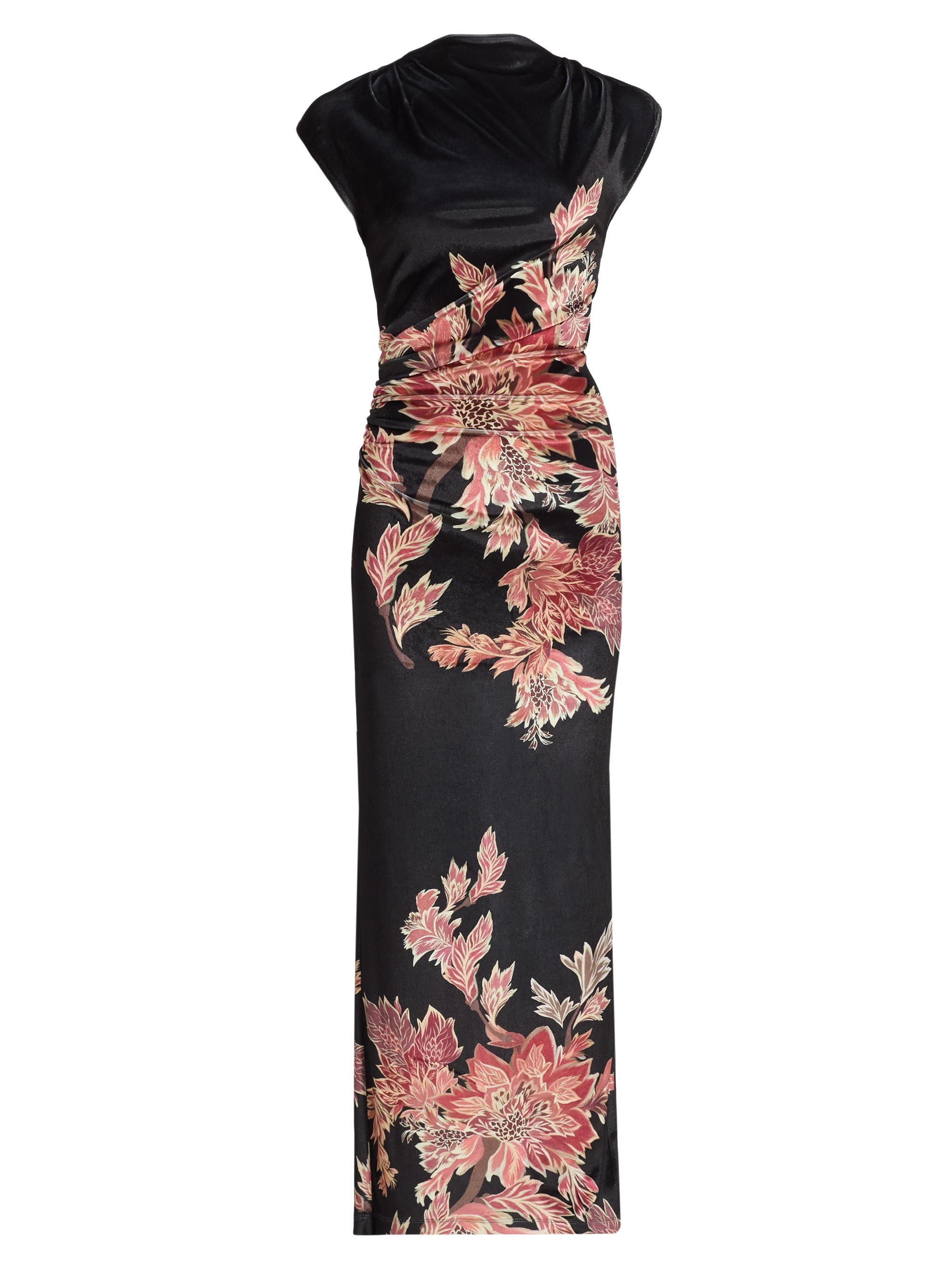 Hemant & Nandita Women's Johi Ruched Floral Velvet Maxi Dress - Black