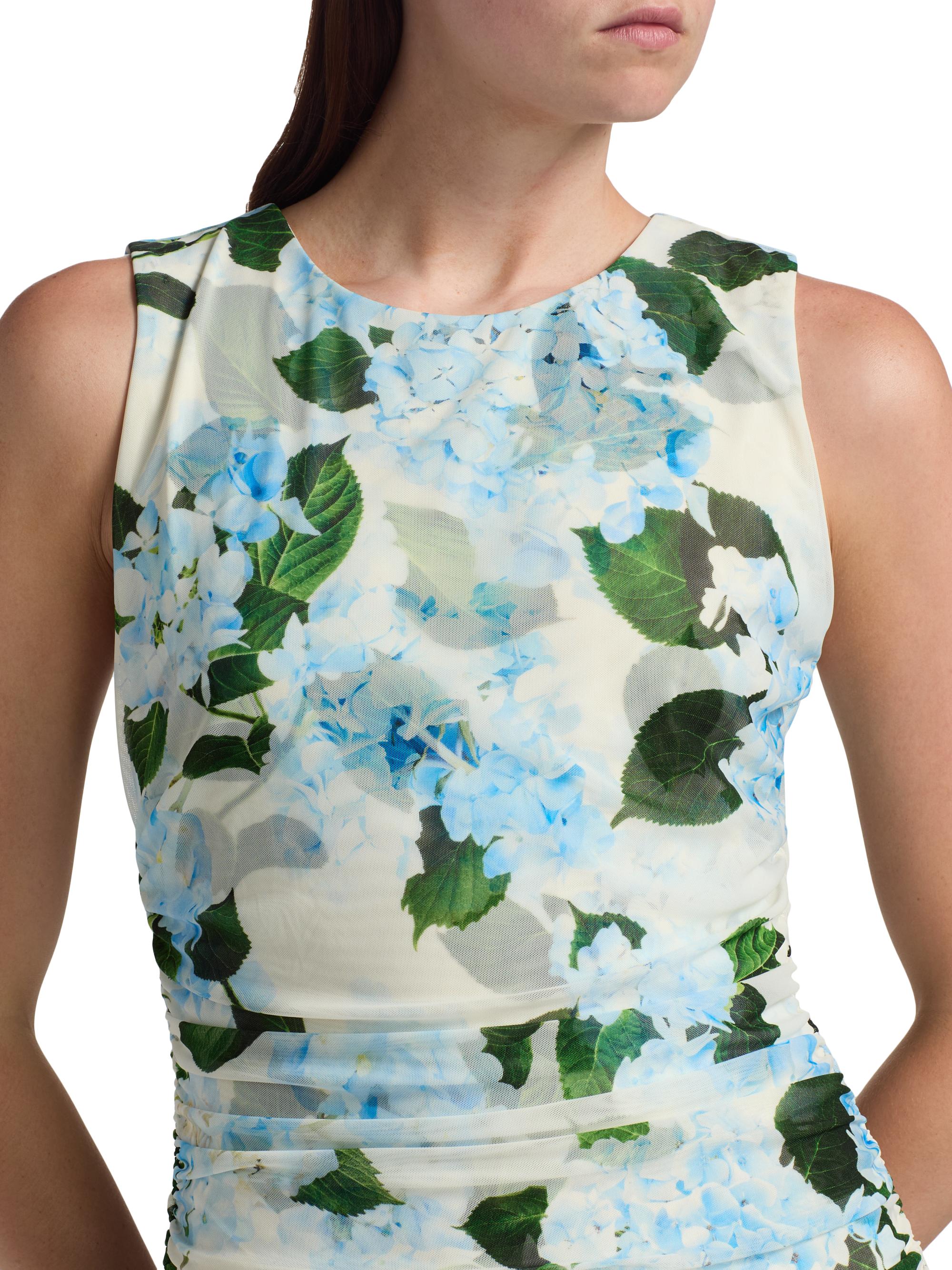 L'agence Sallie Ruched Mini Dress in Ivory/Light Blue Large Hydrangea