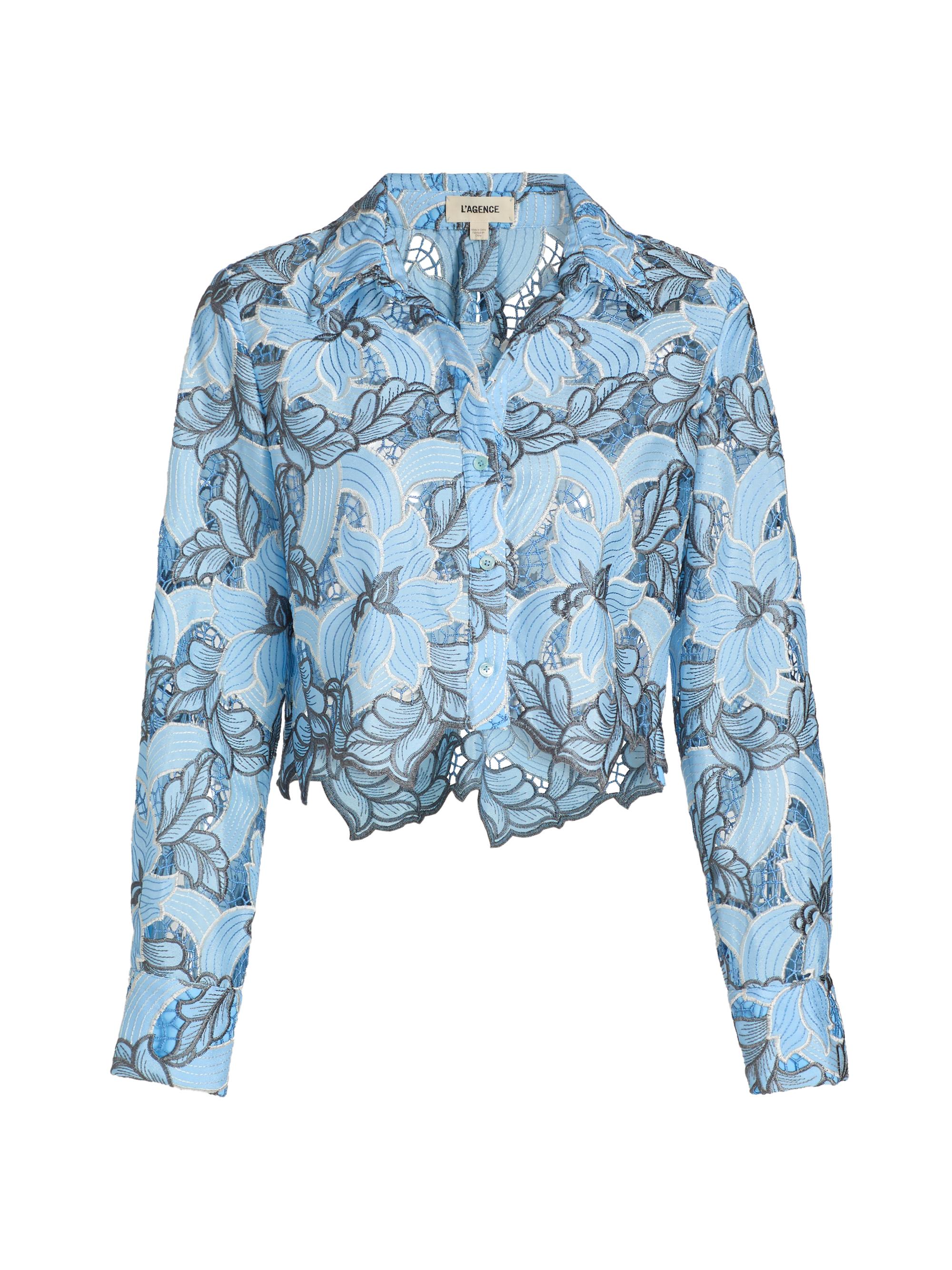 L'AGENCE Women's Akemi Embroidered Cropped Shirt - Blue Multi Eyelet