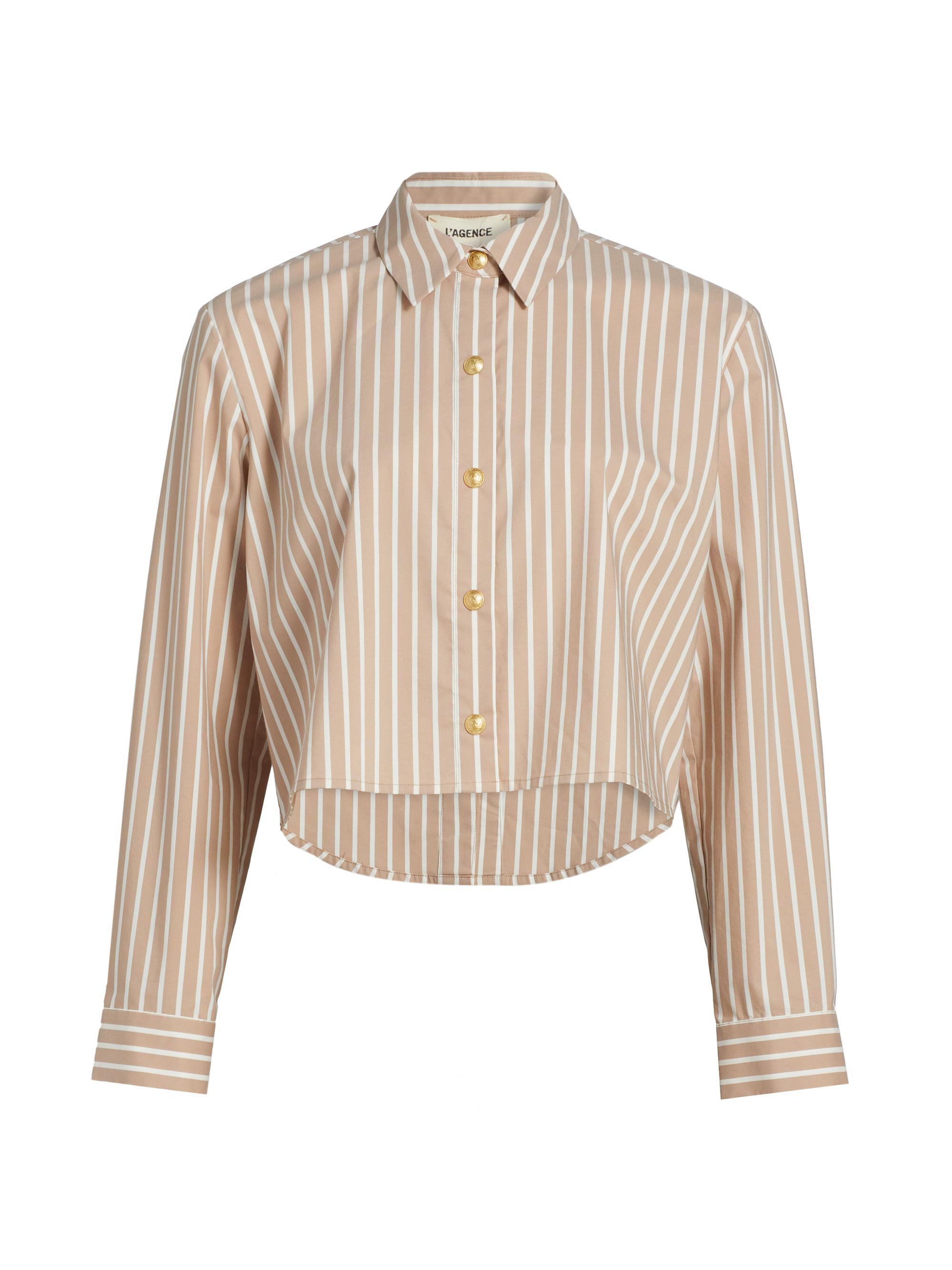 L'AGENCE Women's Cosette Crop Hi-Low Shirt - Cappuccino Uneven Stripe