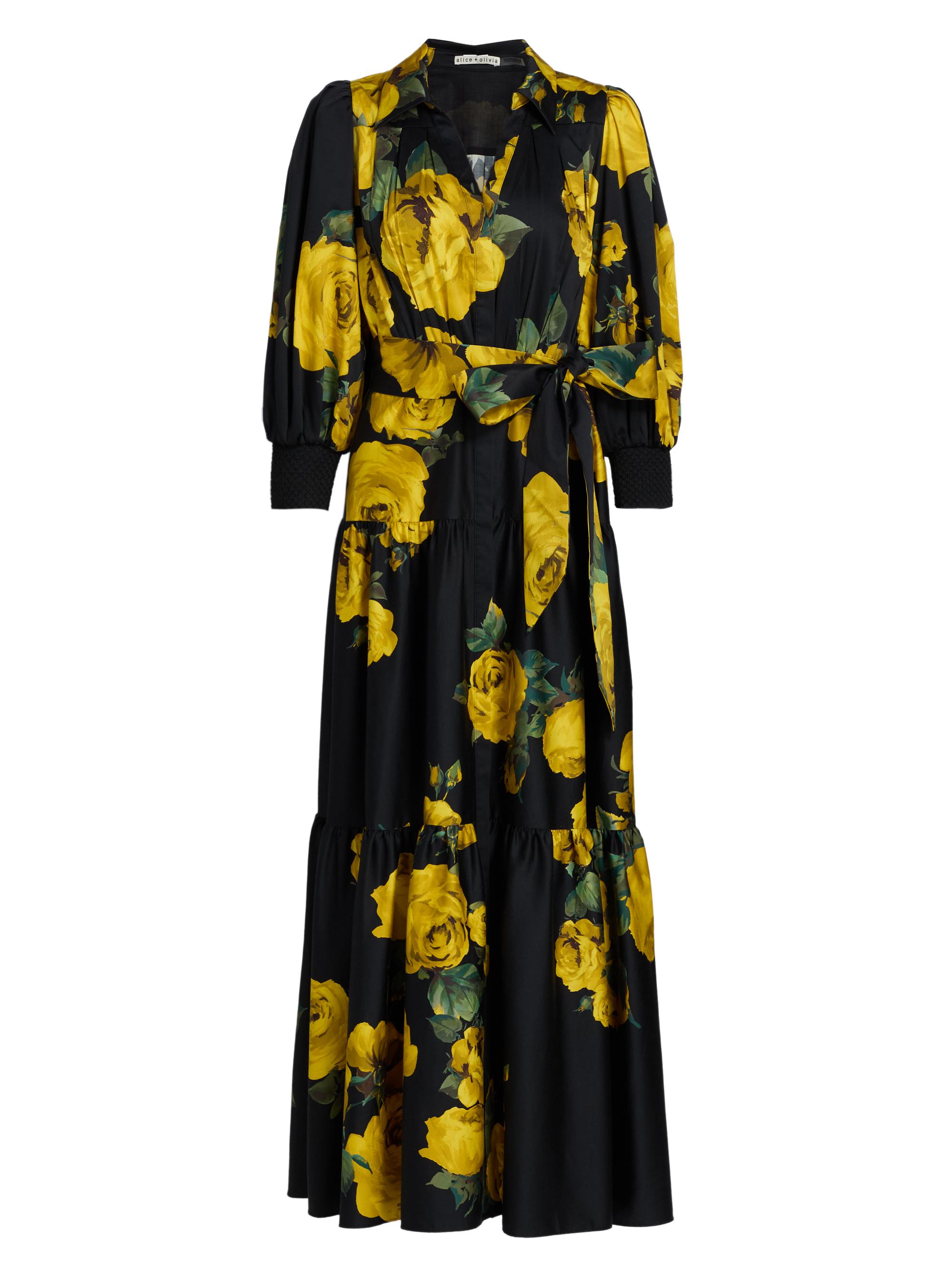 Alice+Olivia 　デイジ柄ワンピース Deanne Midi Shirt Dress In Jungle Palm Black | Alice + Olivia