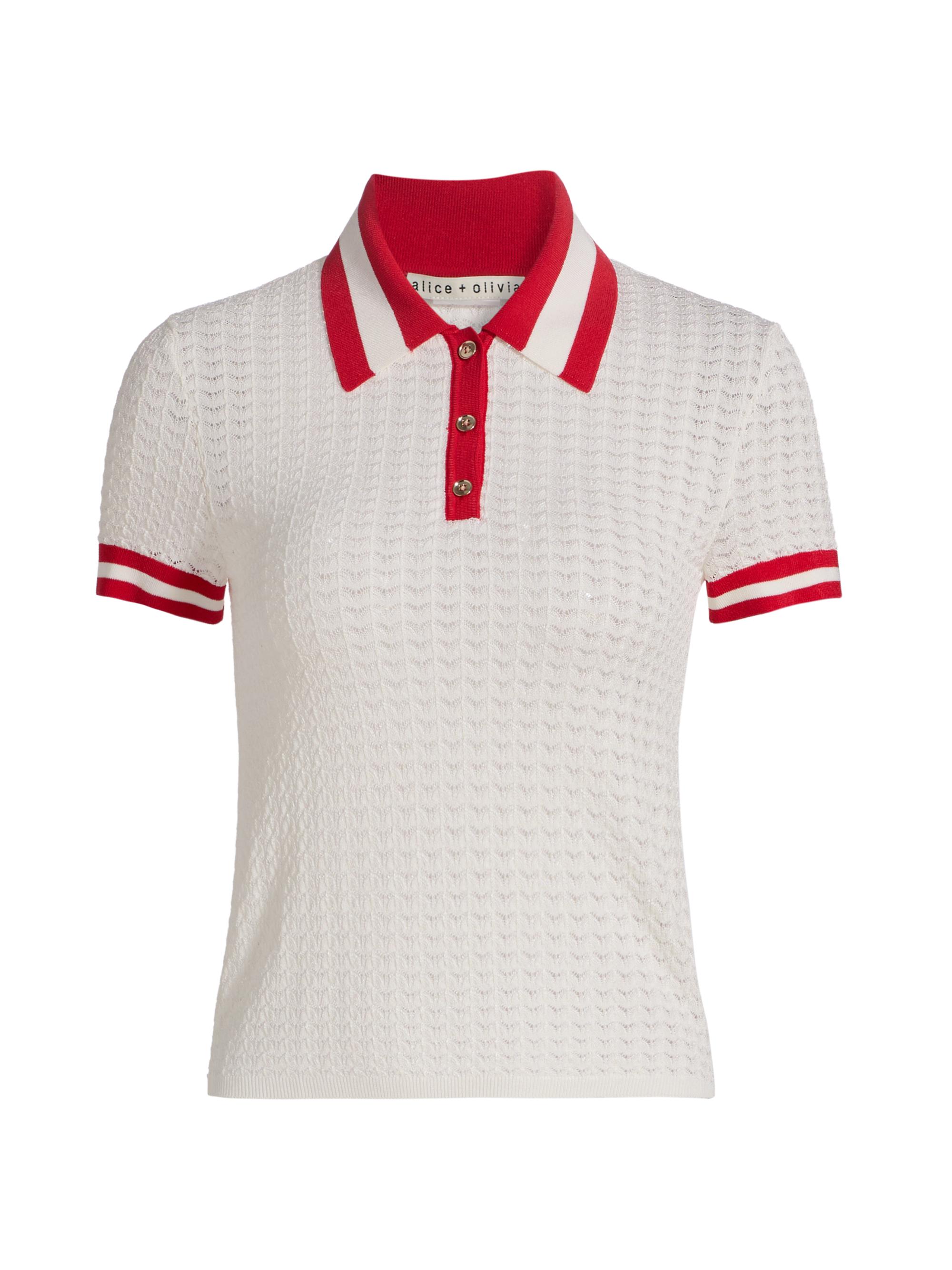 Alice + Olivia Women's Martha Pointelle Polo Shirt - Soft White Bright Ruby