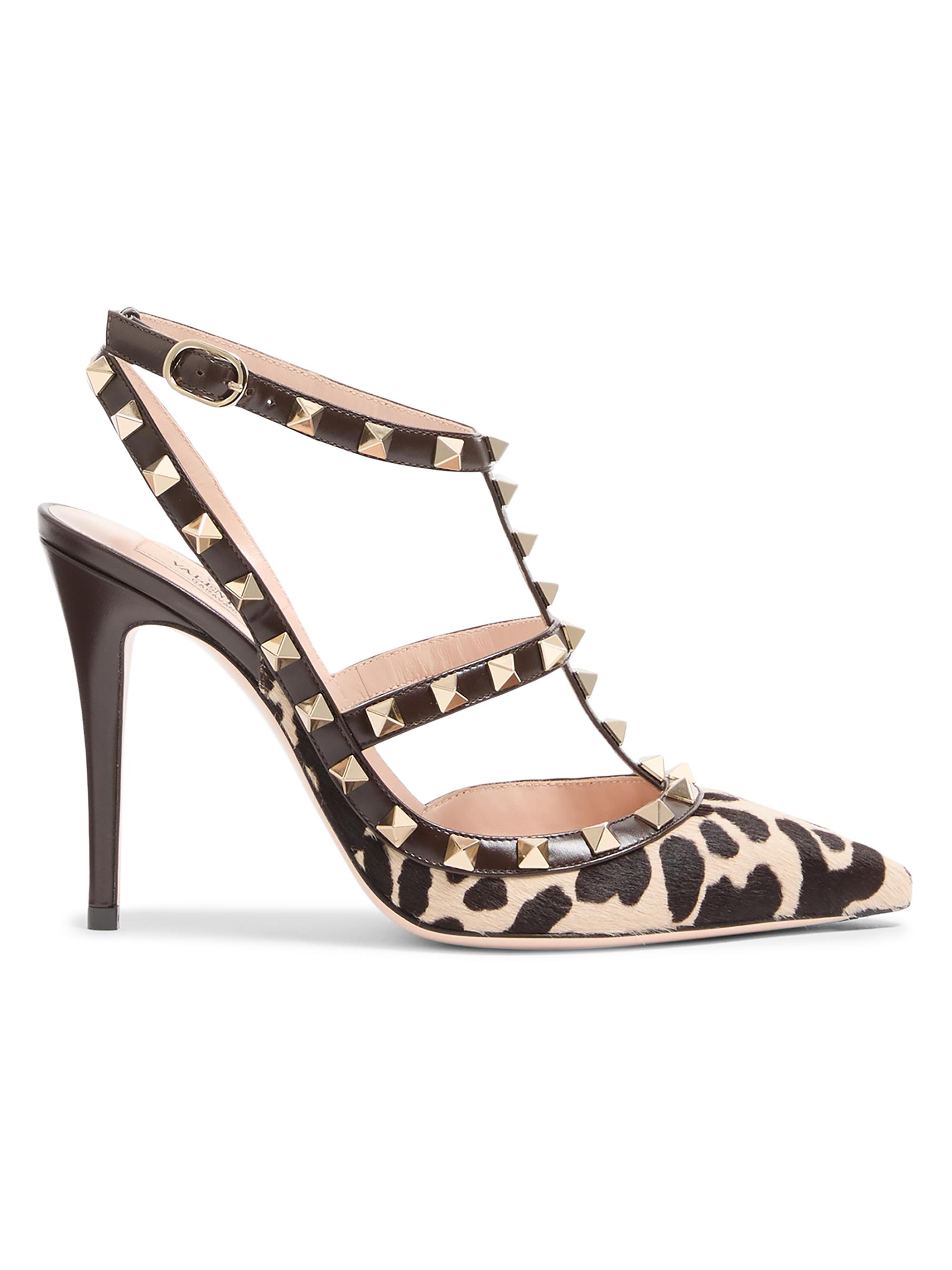 Valentino Garavani Women's Rockstud Pumps with 100MM Straps in Pony-Effect Calfskin - Natural Brown