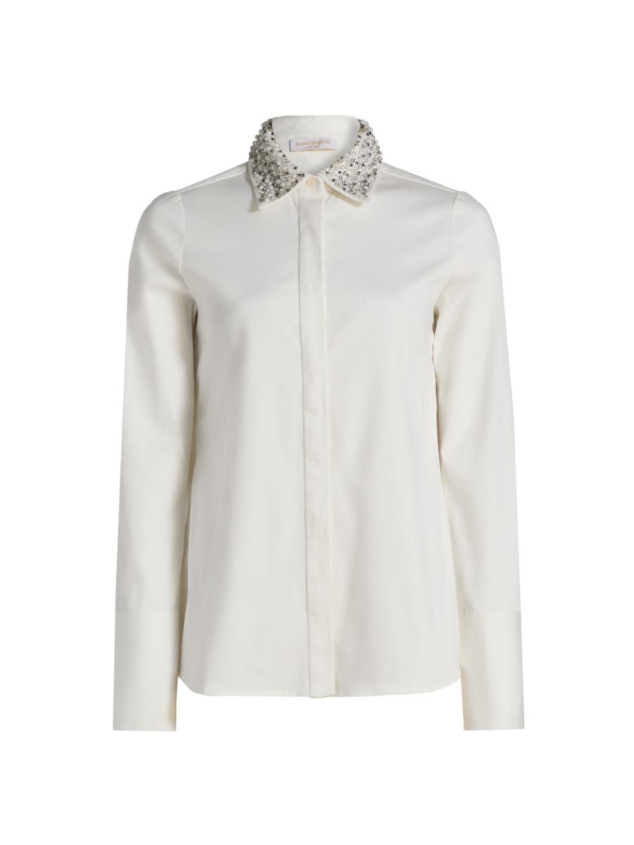 Ramy Brook Women's Wendy Embellished-collar Stretch-cotton Shirt In White