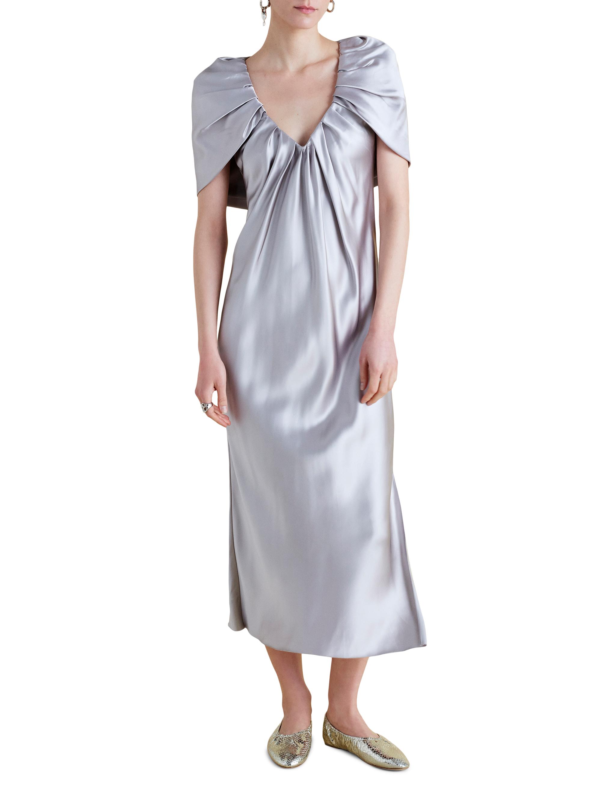 Marina Moscone Women's Satin Sheath Dress with Draped Neckline - Pale Grey