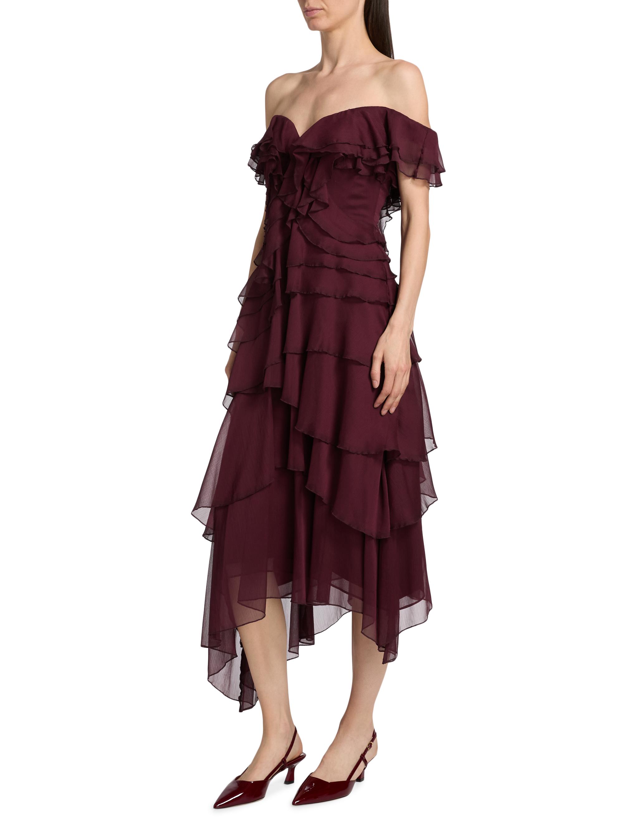 AMUR Emaline Chiffon Cascade Dress - Pinot Nior - 0
