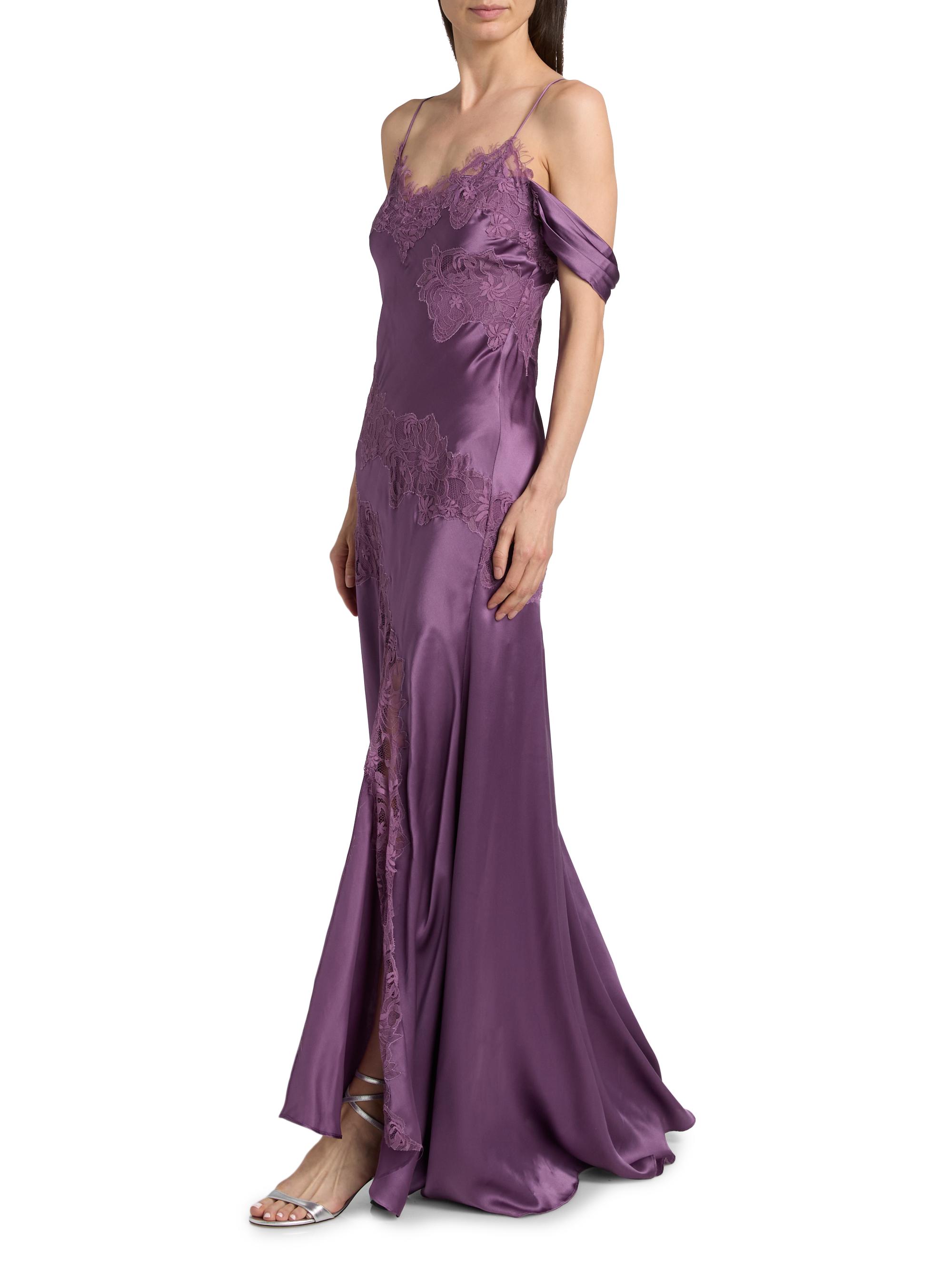 amur reese off-shoulder cascade lace satin maxi dress Amur Women's Reese Cascade Lace Gown - Violet Daze
