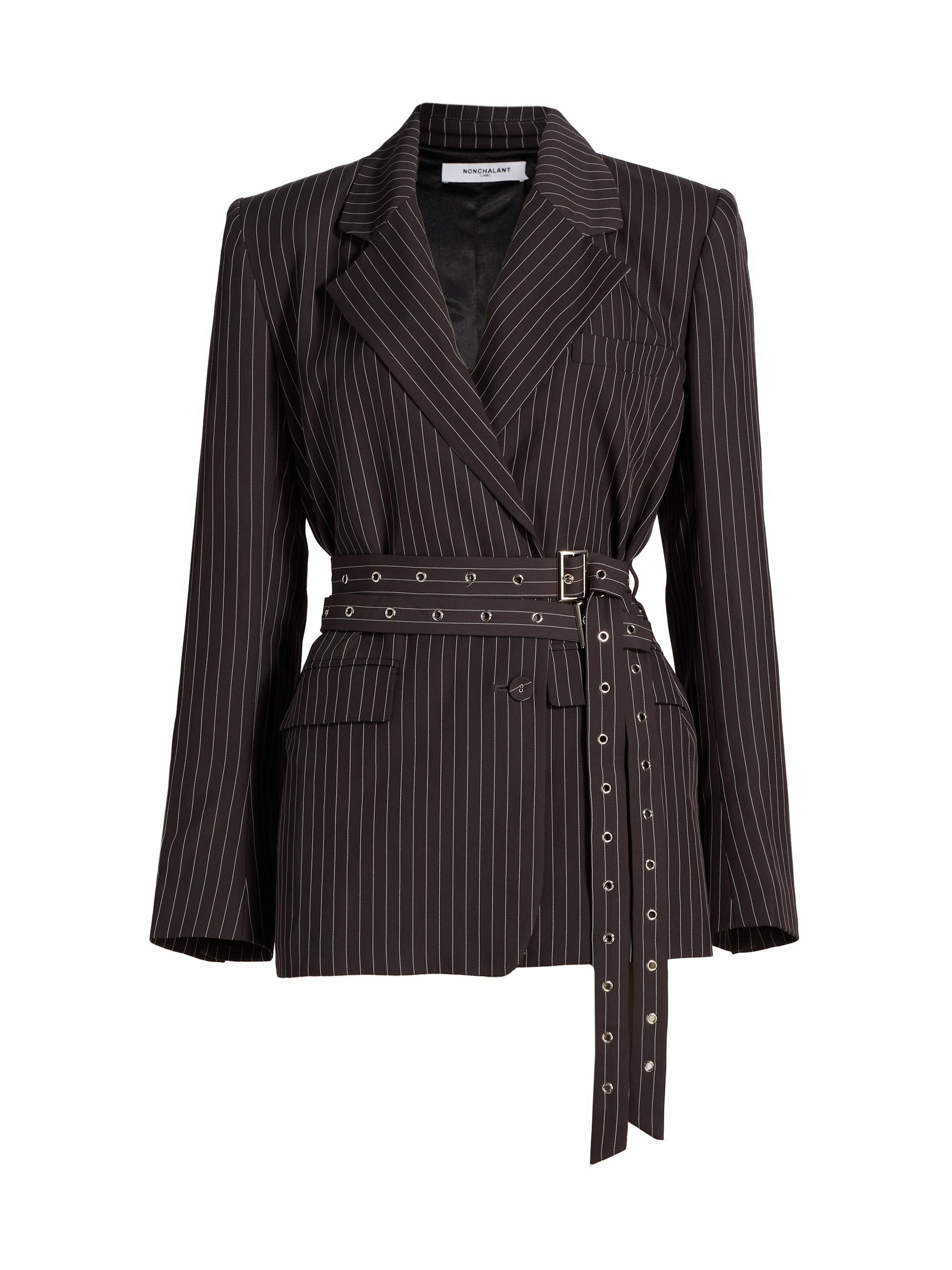 Nonchalant Label Women's Axel Pinstripe Belted Blazer - Grey White Stripe
