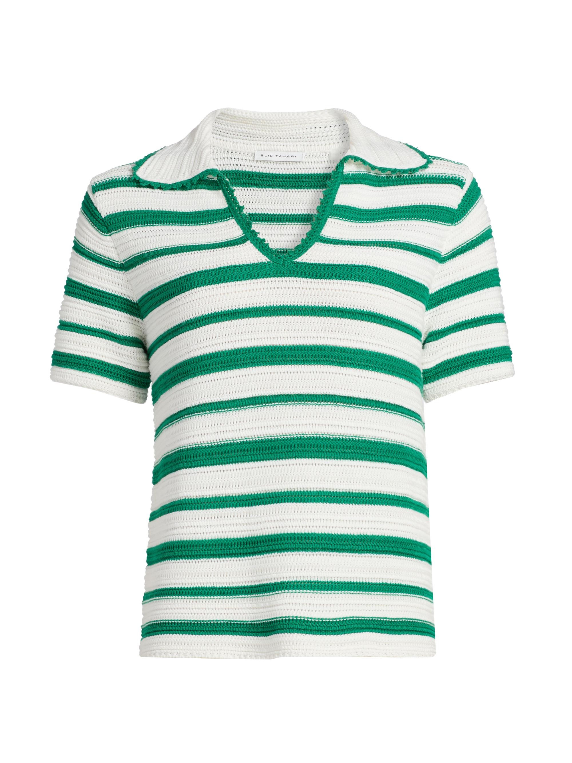 Elie Tahari Women's Harlow Striped Polo Top - Sky White And Jade