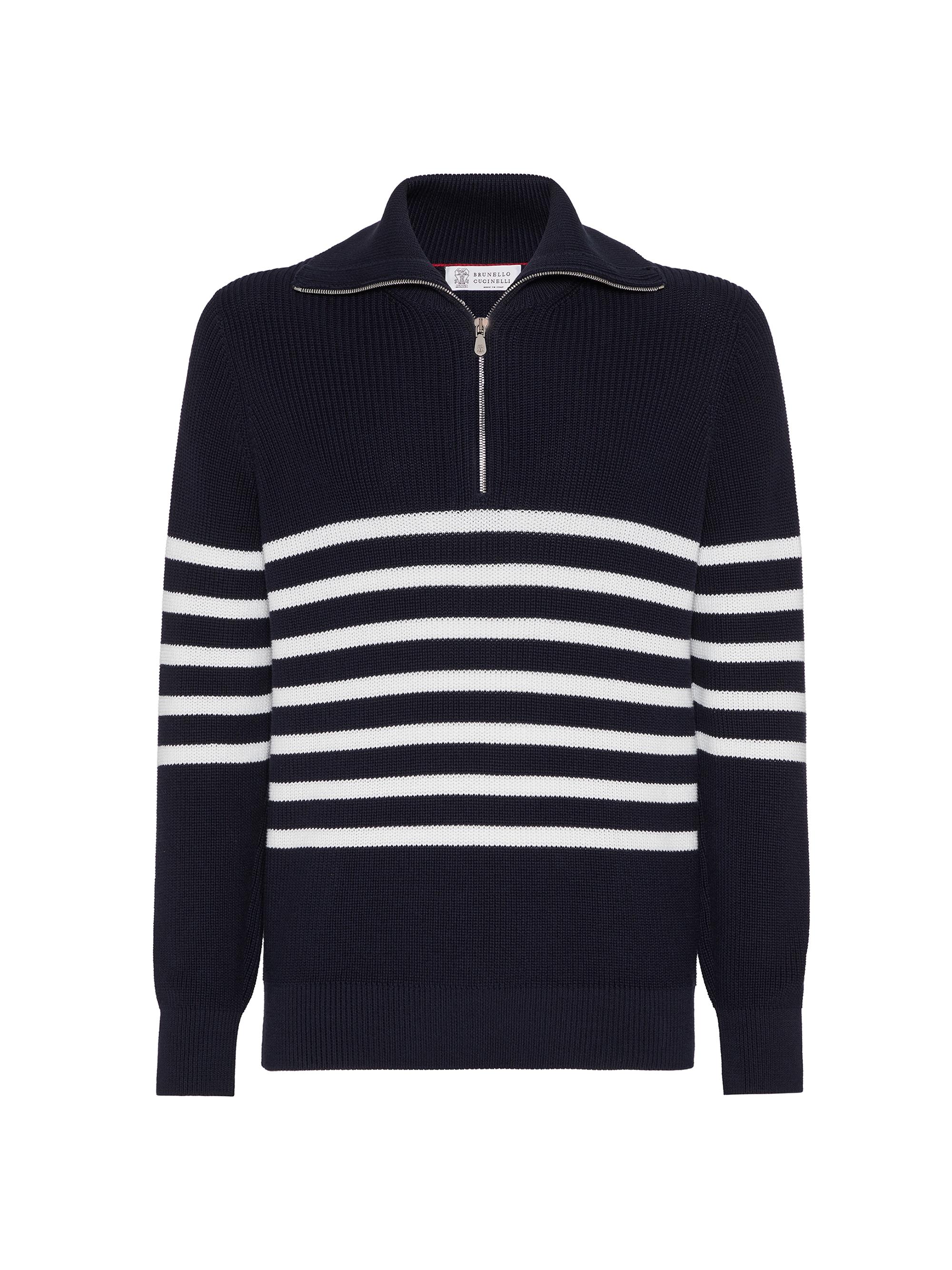 Brunello Cucinelli Men's Cotton Half English Rib Striped Sweater with Half Zip - Navy Blue
