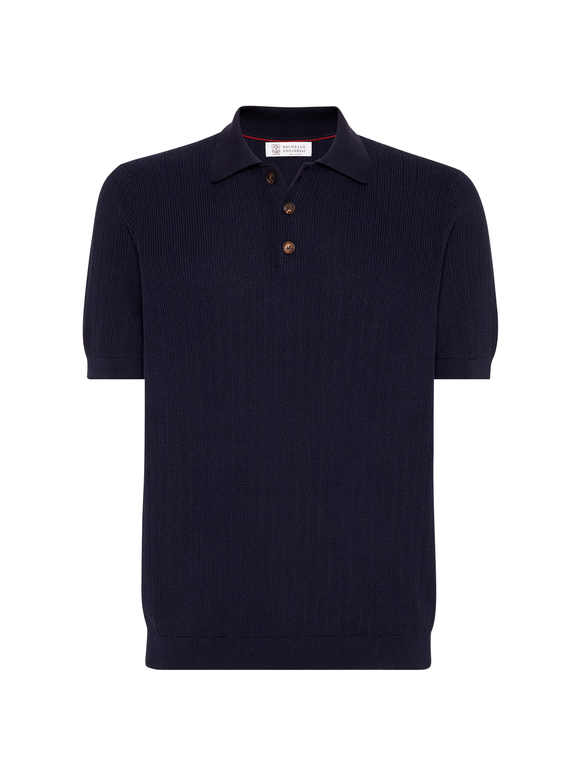 Brunello Cucinelli Men's Cotton Wide Rib Knit Polo Shirt - Navy Blue