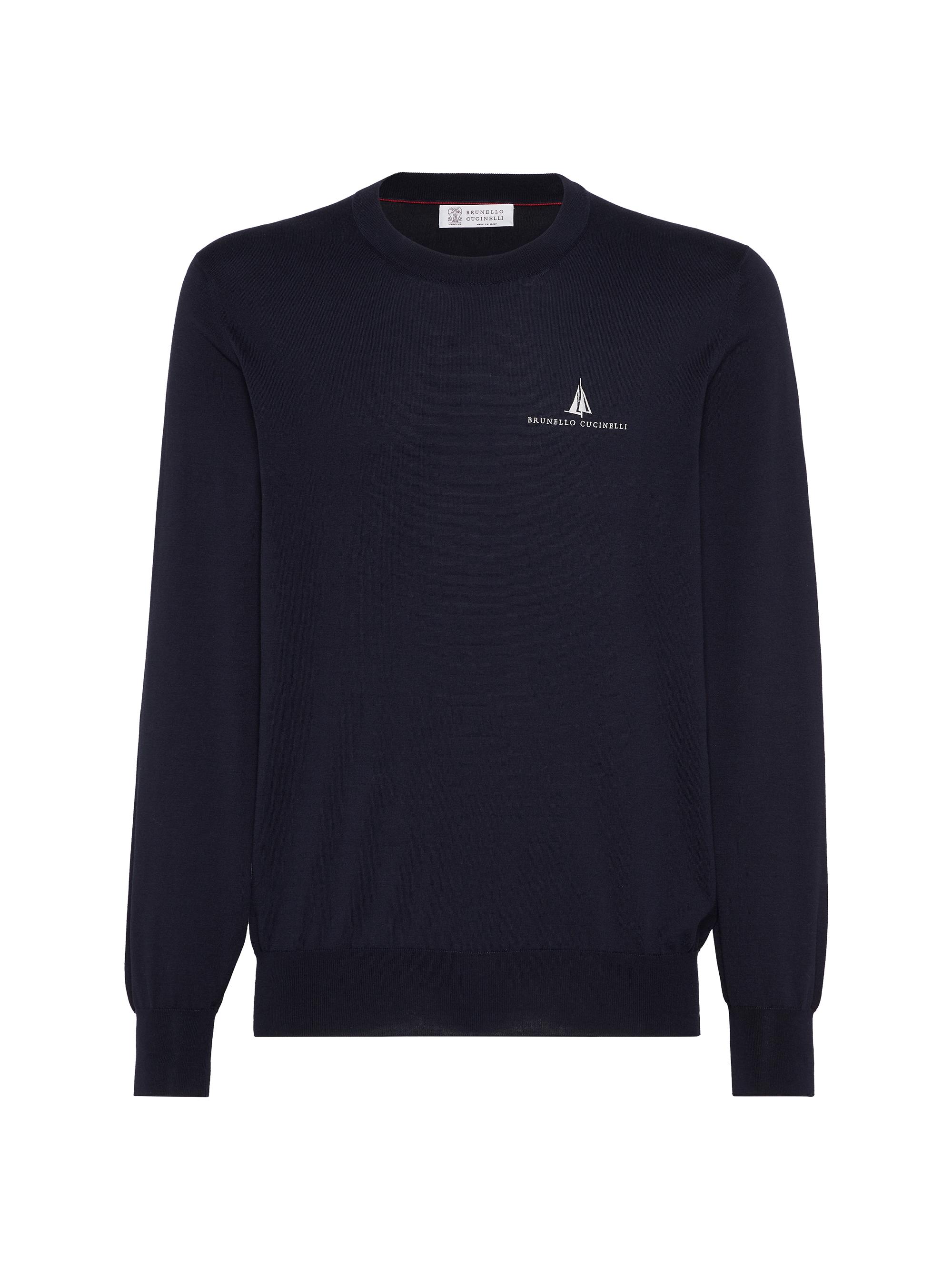 Brunello Cucinelli Men's Cotton Lightweight Sweater with Embroidery - Navy Blue