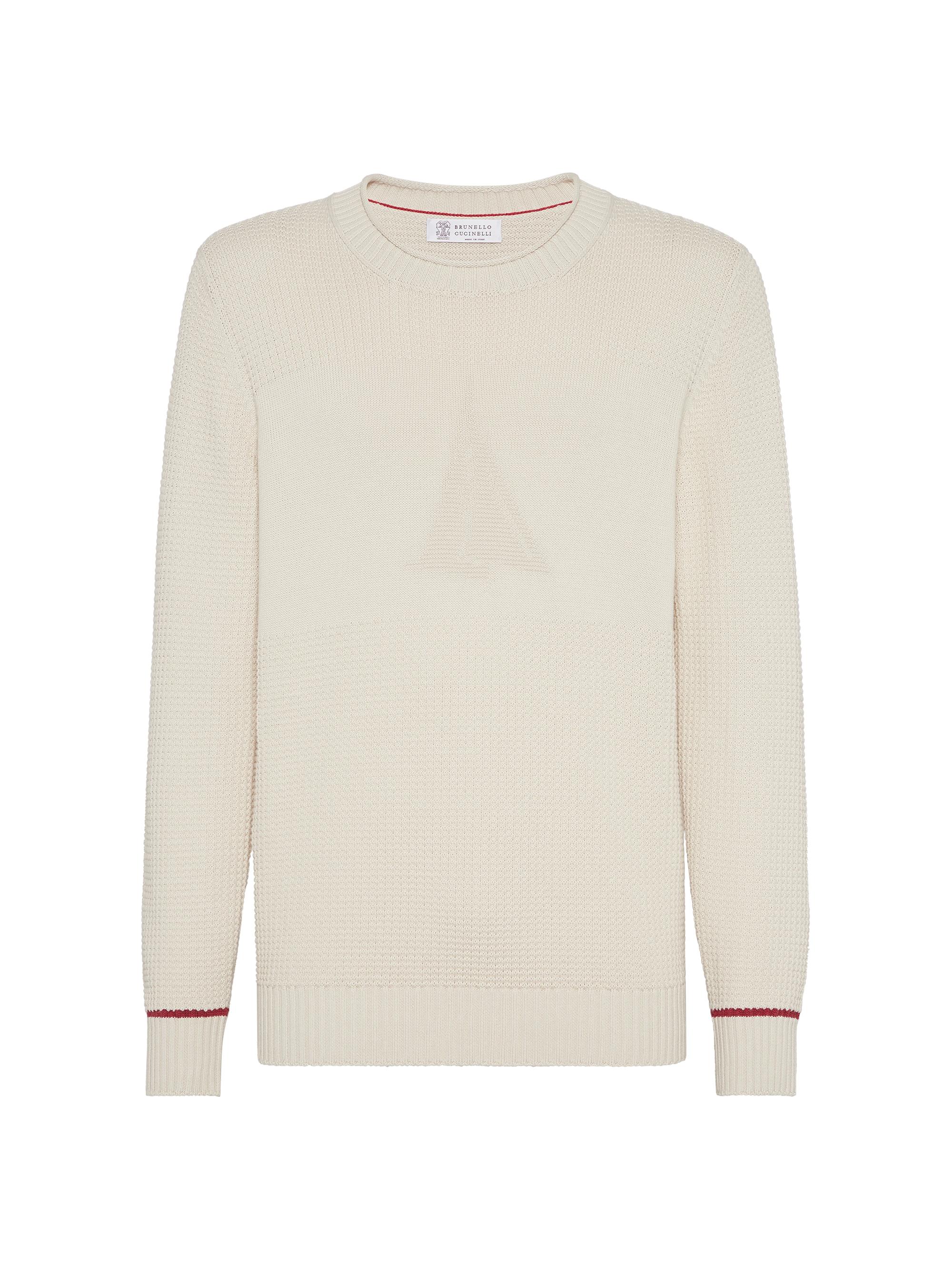 Brunello Cucinelli Men's Cotton Waffle Stitch Sweater with Intarsia - Shell