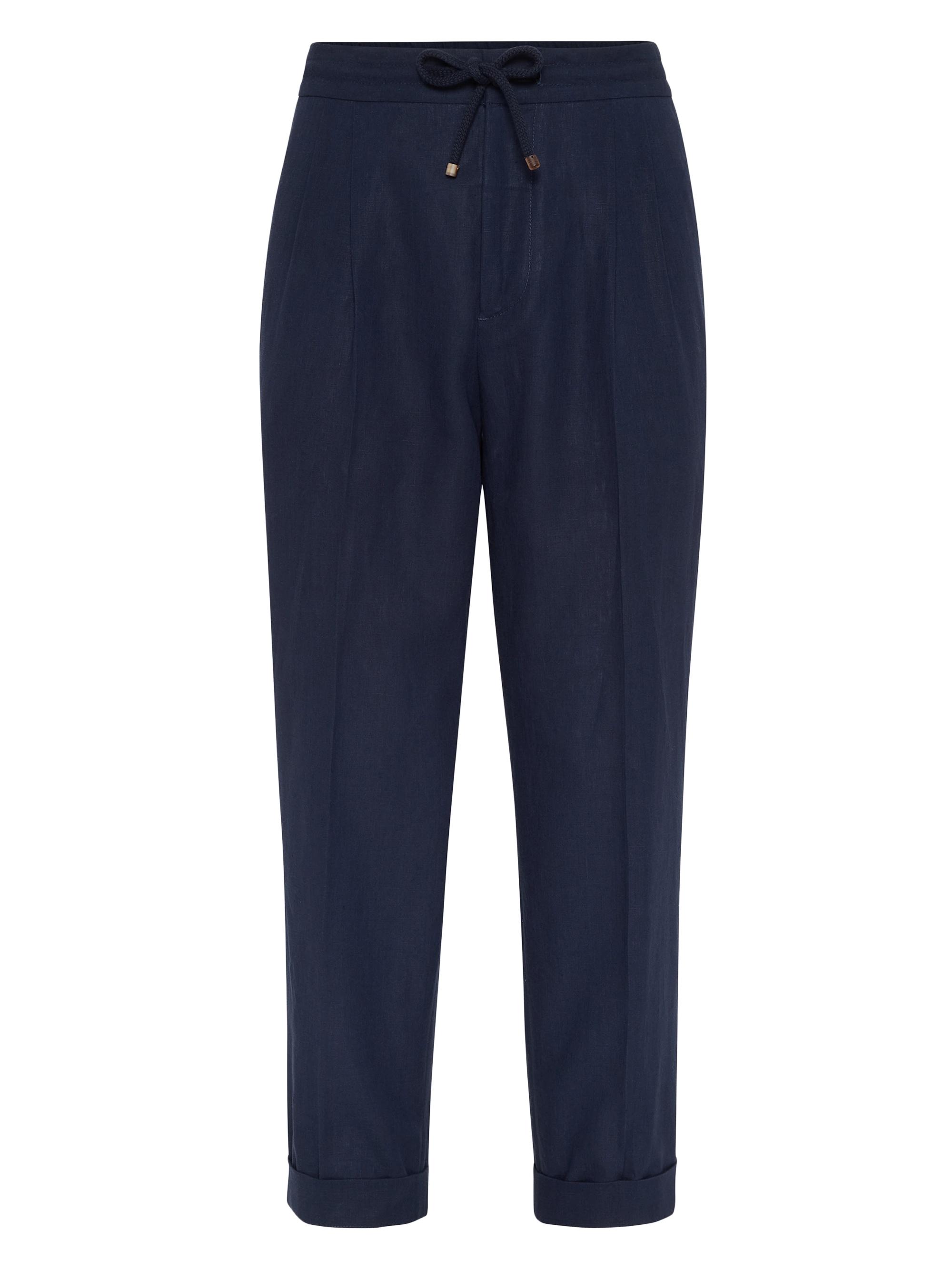 Brunello Cucinelli Men's Linen Leisure Fit Trousers with Drawstring - Navy Blue