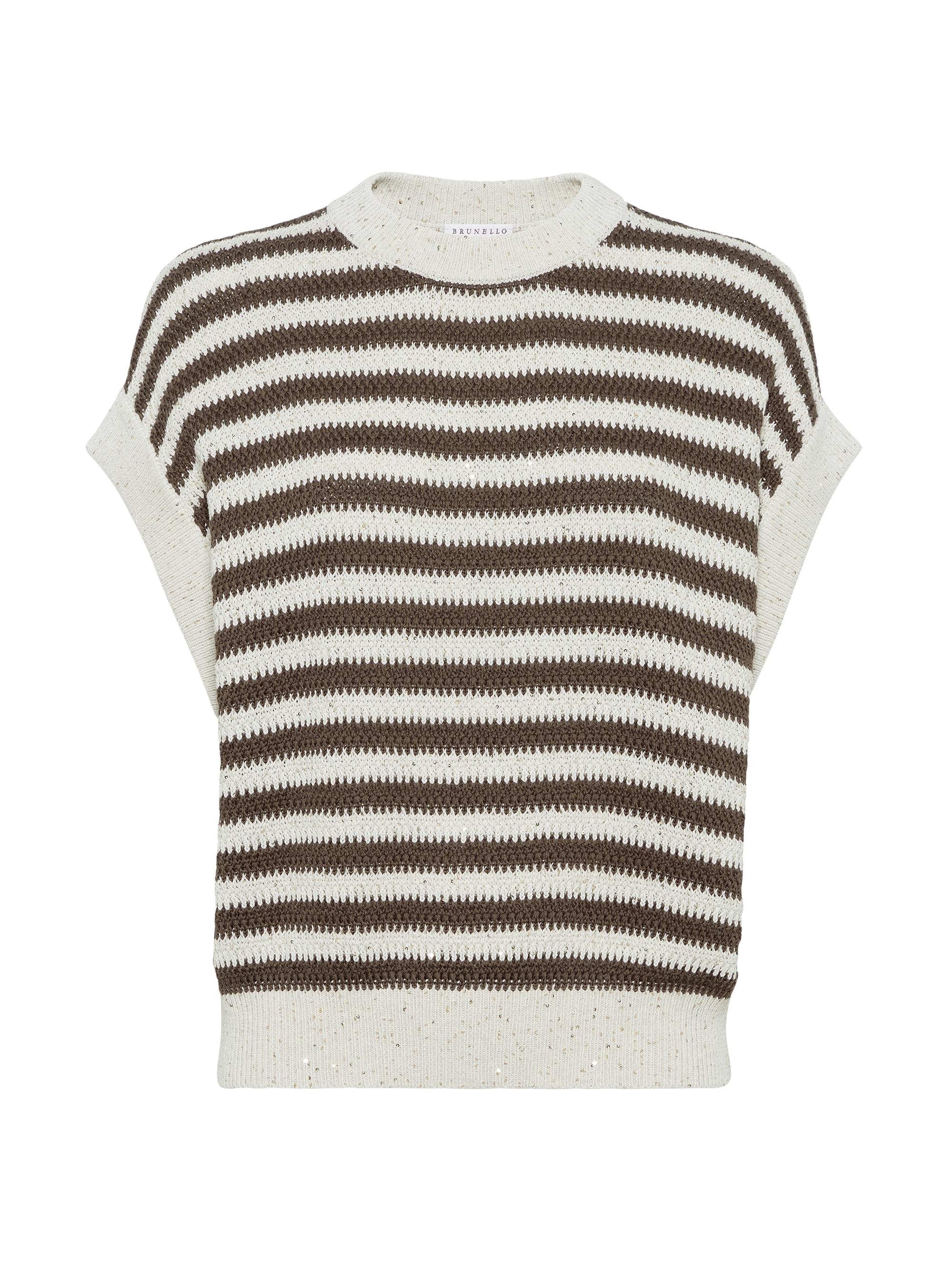 Brunello Cucinelli Women's Striped Dazzling Cotton Knit T-Shirt - Chocolate