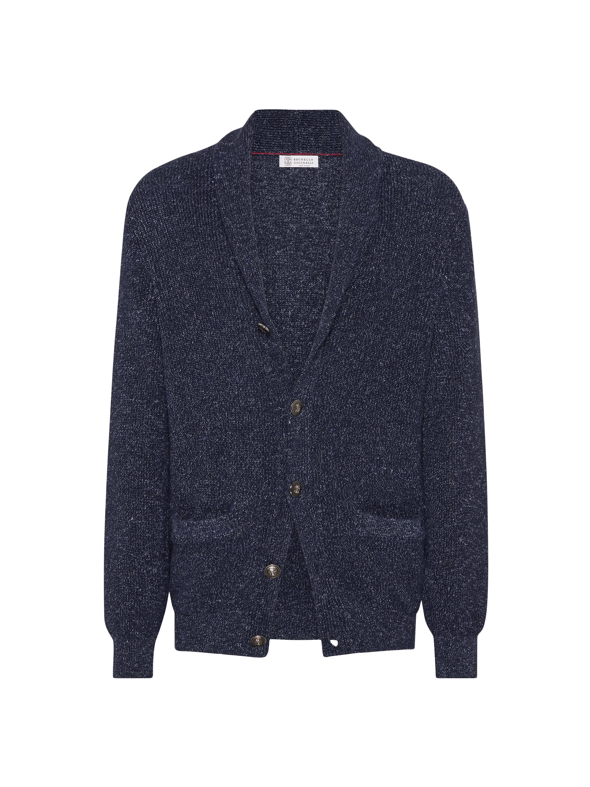 Brunello Cucinelli Men's Cotton Blend Half English Rib Chiné Cardigan - Navy Blue