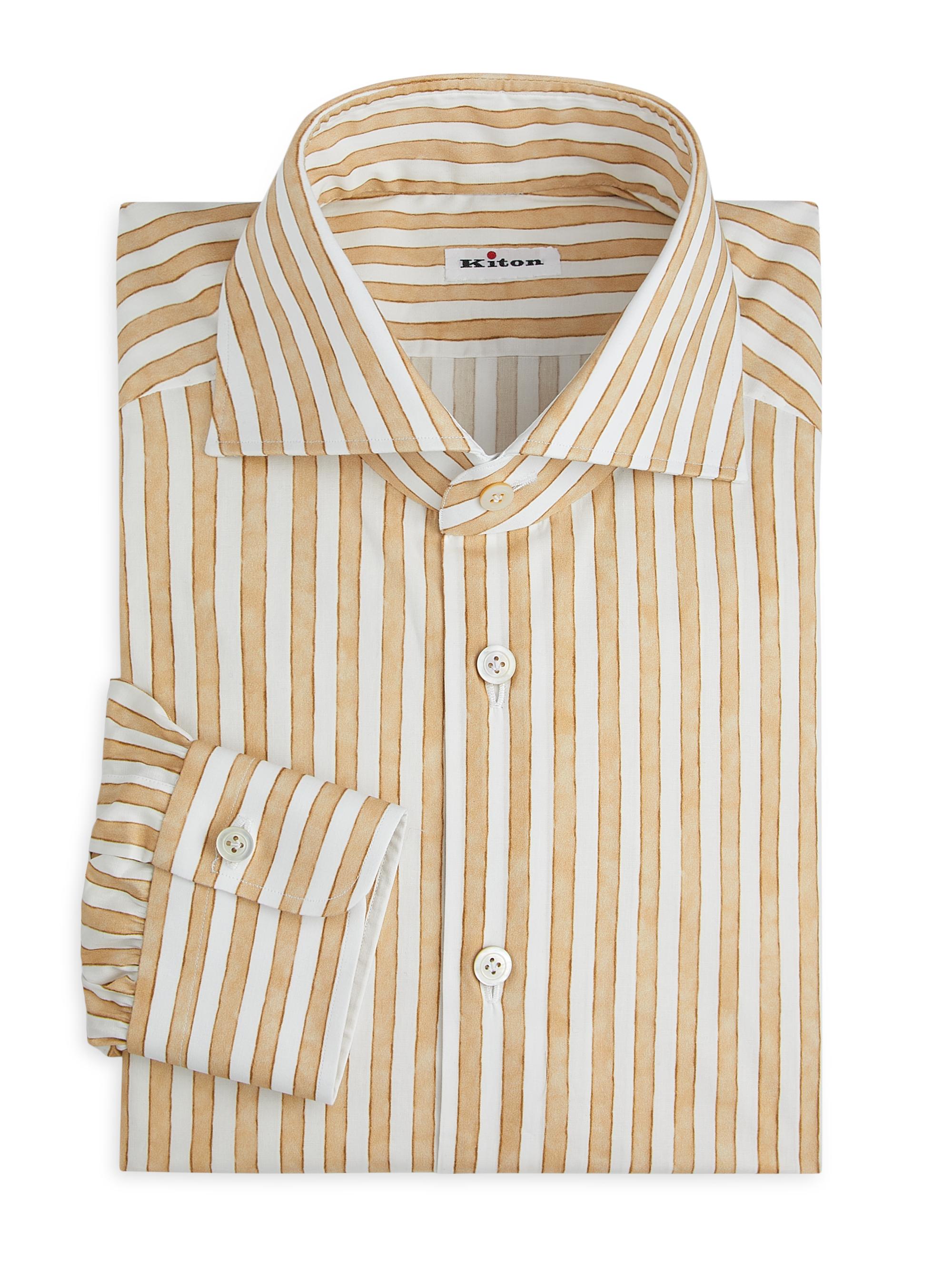 Kiton Men's Striped Stretch-Cotton Shirt - White Dark Beige