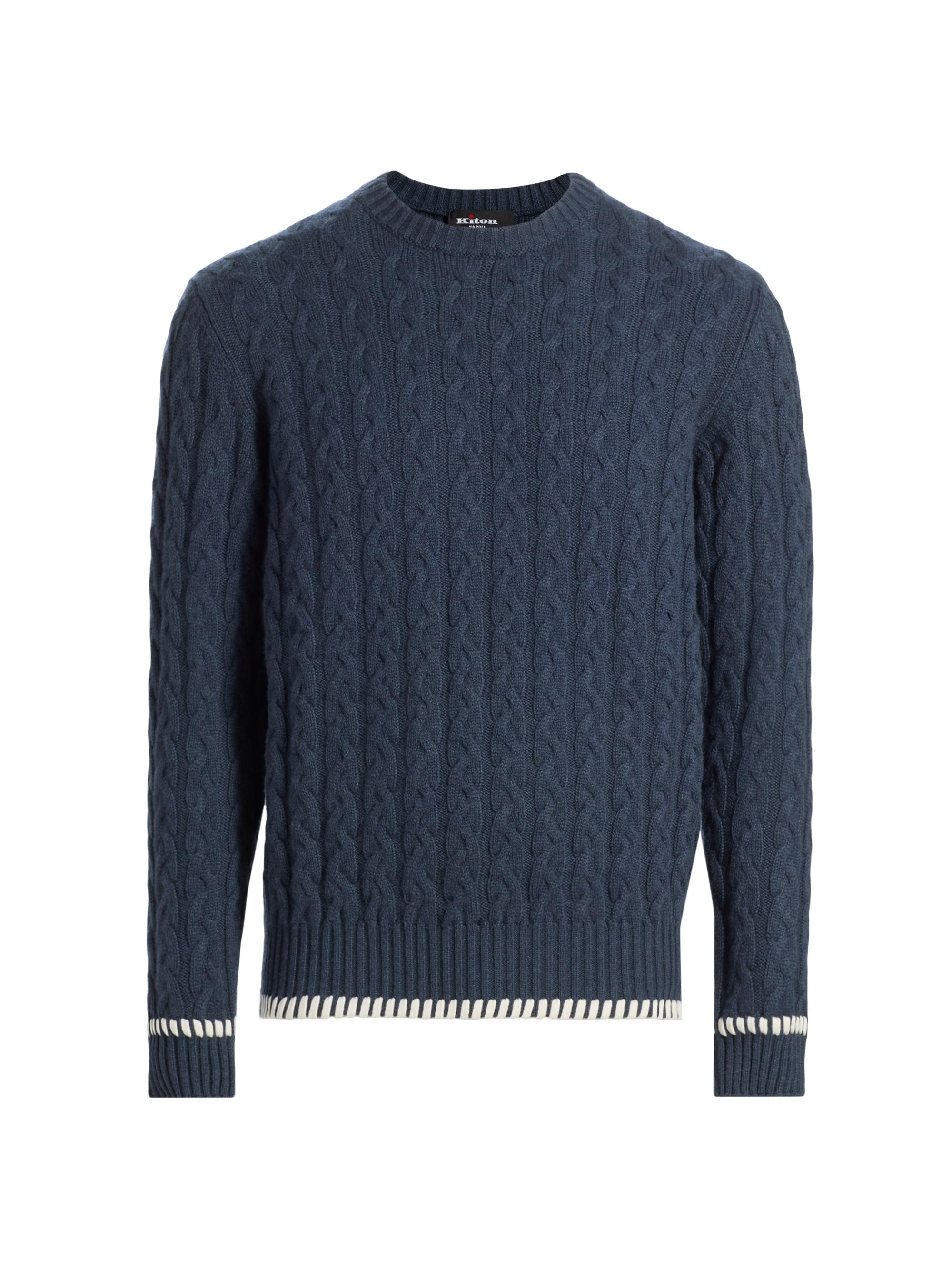 Men's Cable-Knit Cashmere Crewneck Sweater - Blue Ice Grey