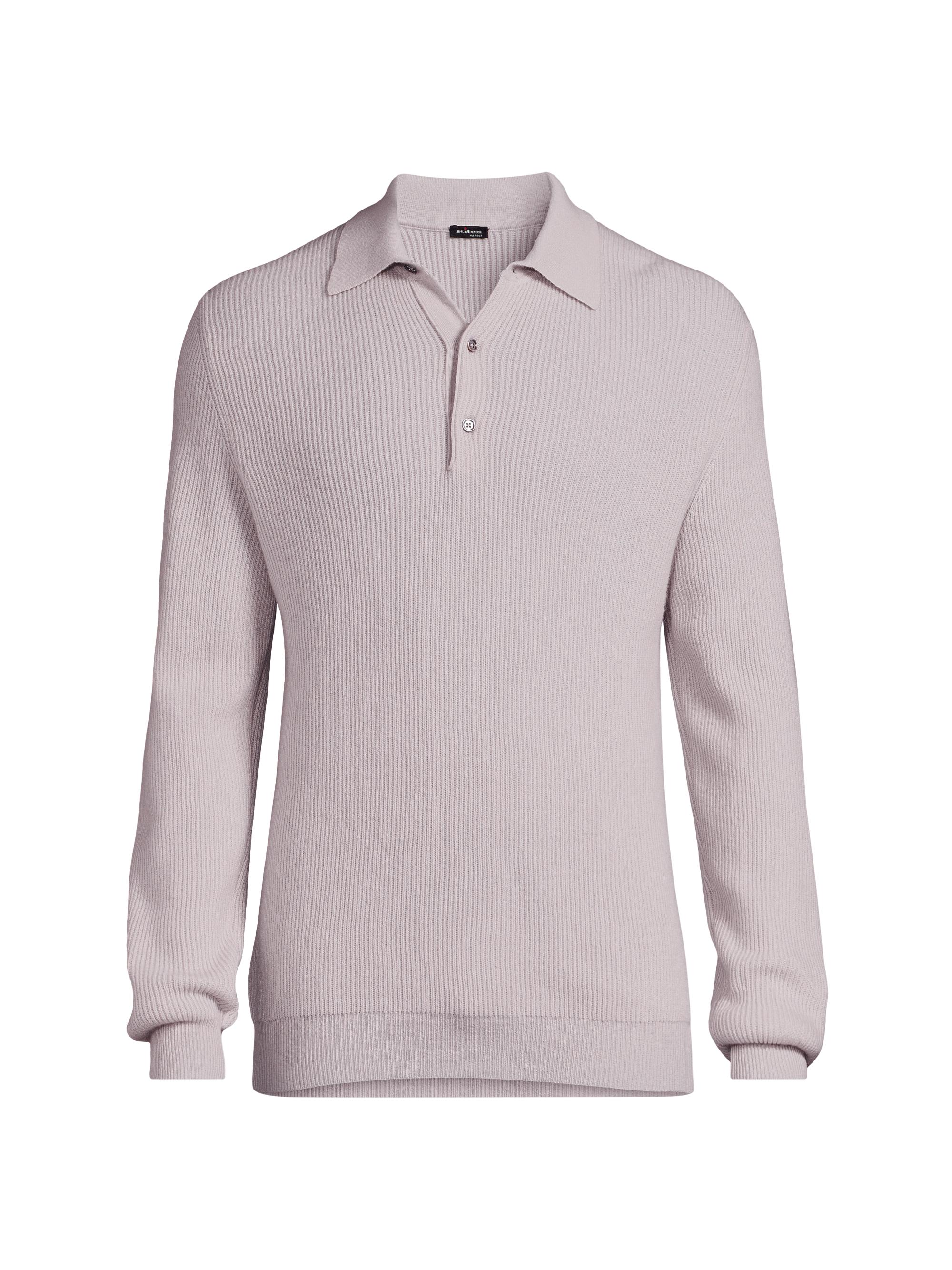 Kiton Men's Rib-Knit Cashmere Polo Shirt - Grey