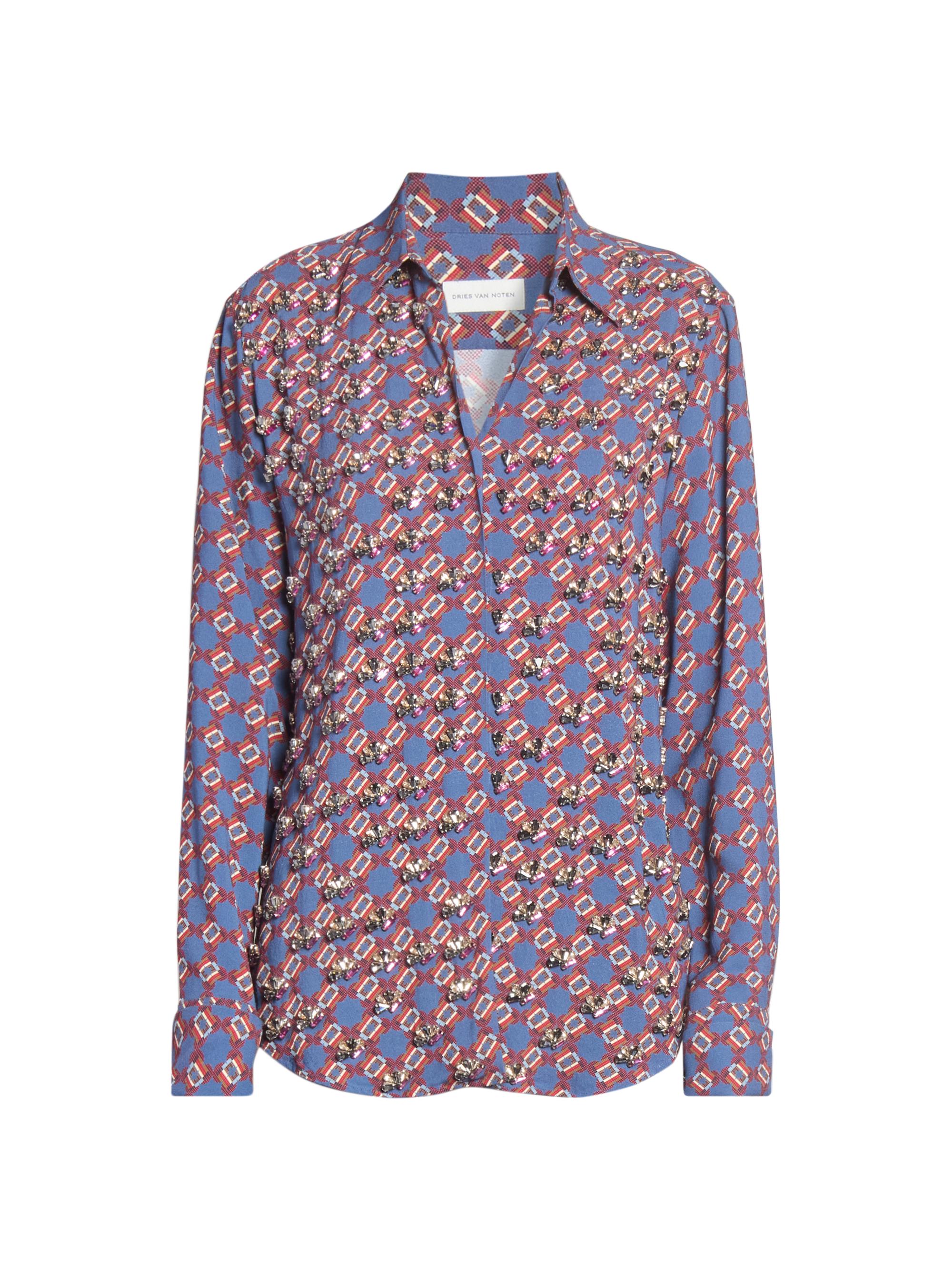 Dries Van Noten Women's Printed Embellished-Trim Crepe Shirt - Blue