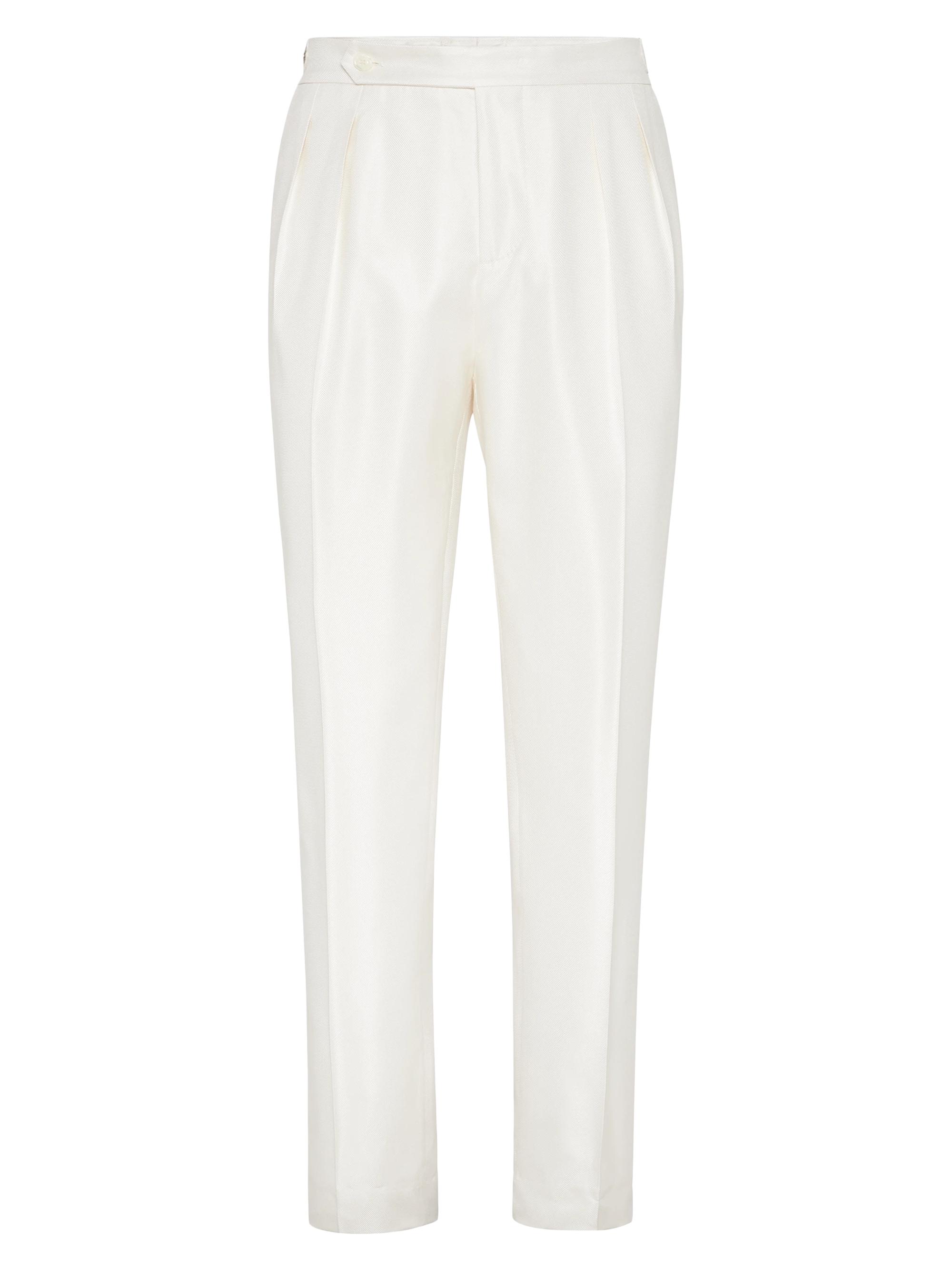 Brunello Cucinelli Men's Silk Diagonal Tuxedo Trousers with Double Pleats - Off White