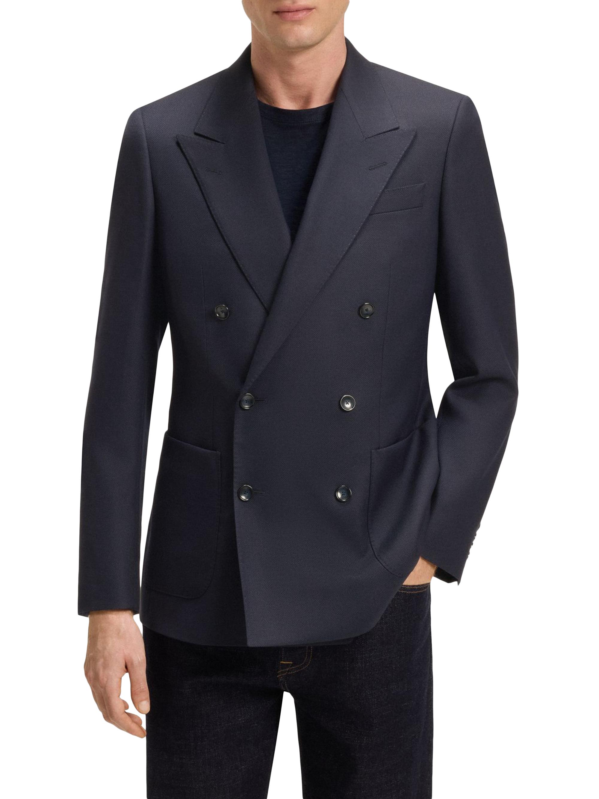 BOSS Men's Beckham x Boss Double-Breasted Blazer in Stretch Wool - Blue