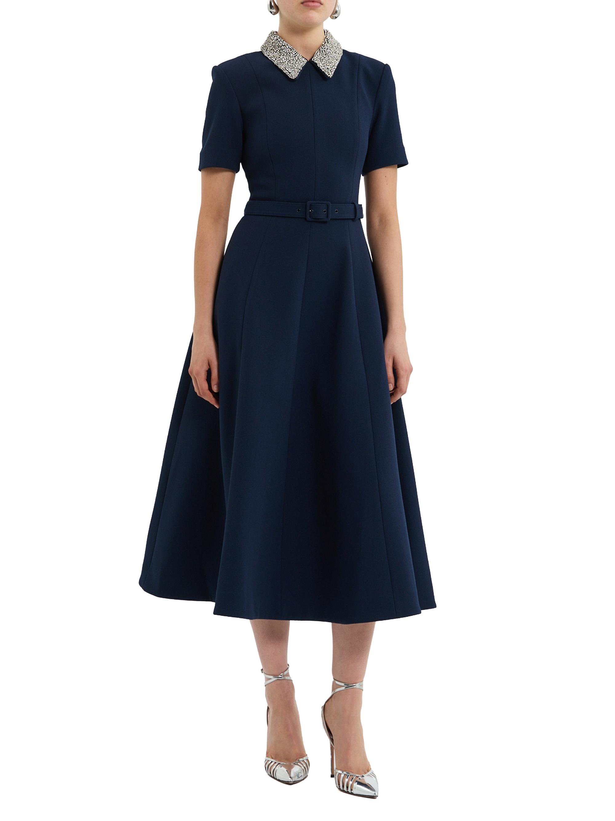 Rebecca Vallance Women's Xena Embellished Stretch-Crepe Belted Midi-Dress - Navy