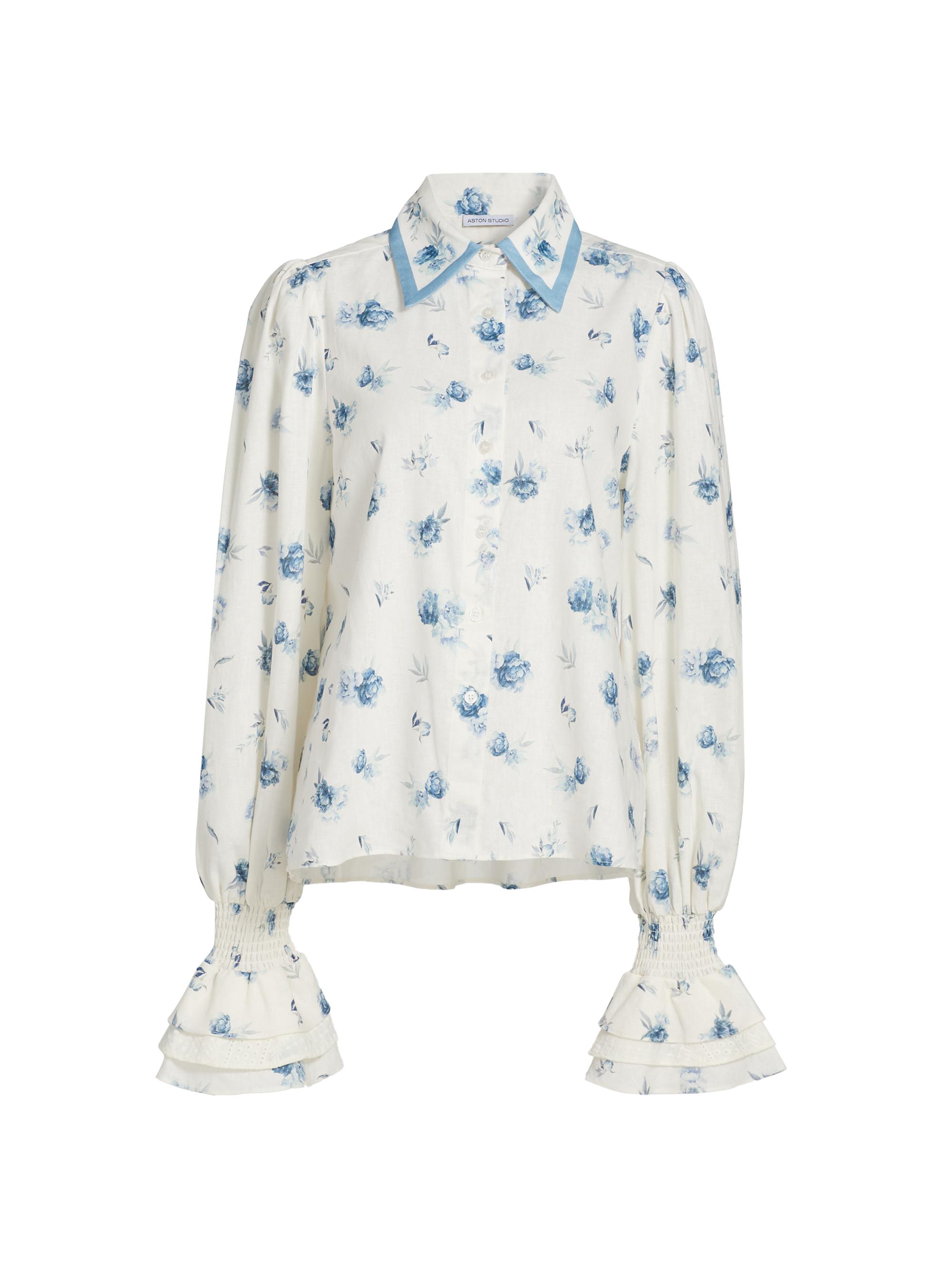 Aston Studio Women's Le Champ Lucinda Floral Linen-Cotton Blouse - Cerulean Peony